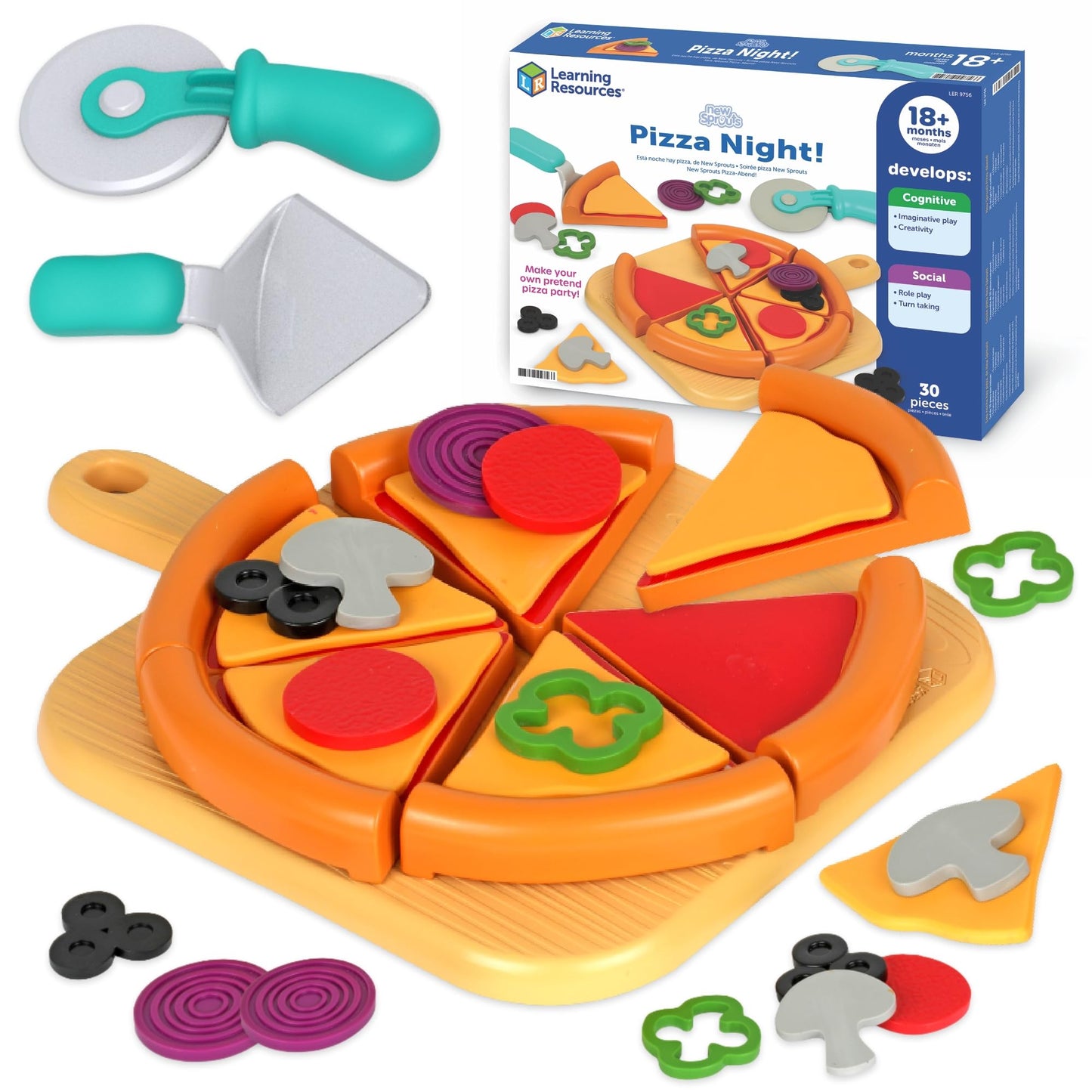 Learning Resources New Sprouts Pizza Night - Imaginative Play Food Set for Kids, Role Play, Toddler Pretend Kitchen Set, Fine Motor Skills, Turn Taking Games, Social Emotional Learning