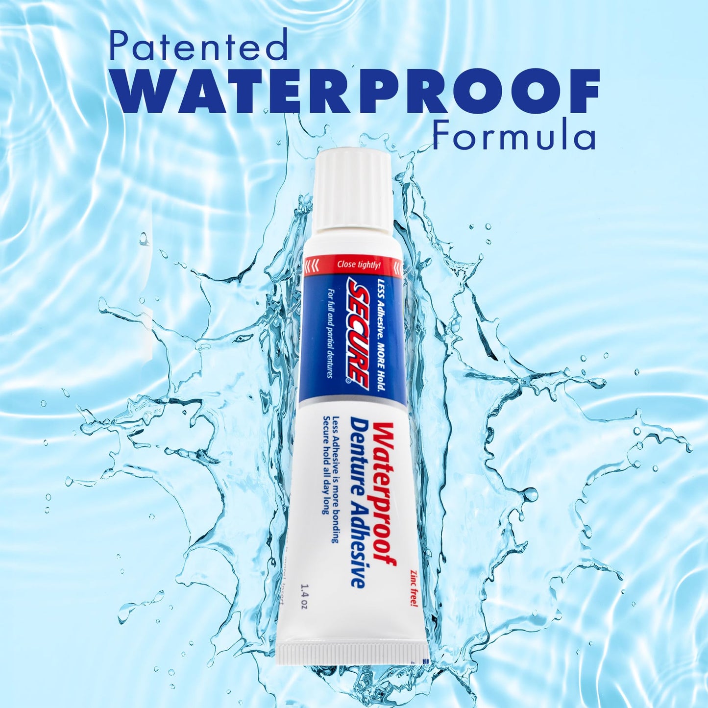 Secure Waterproof Denture Adhesive - Zinc Free - Extra Strong 12 Hour Hold - 1.4 oz (Pack of 4)