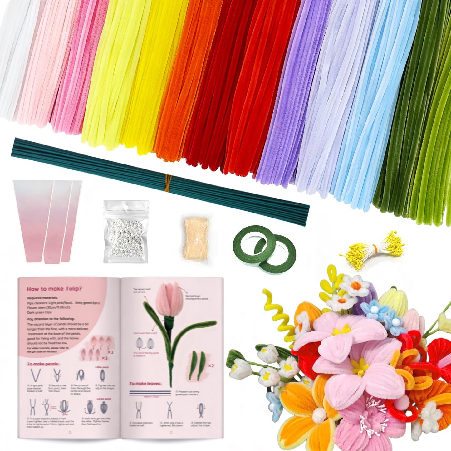 URADIART 650pcs Pipe Cleaners Craft, Bulk Pipe Cleaner Flower Kit,13 Colors Chenille Stems Limpia Pipas para Manualidades with Instruction Accessories for Floral Arrangements,Art and Craft Projects