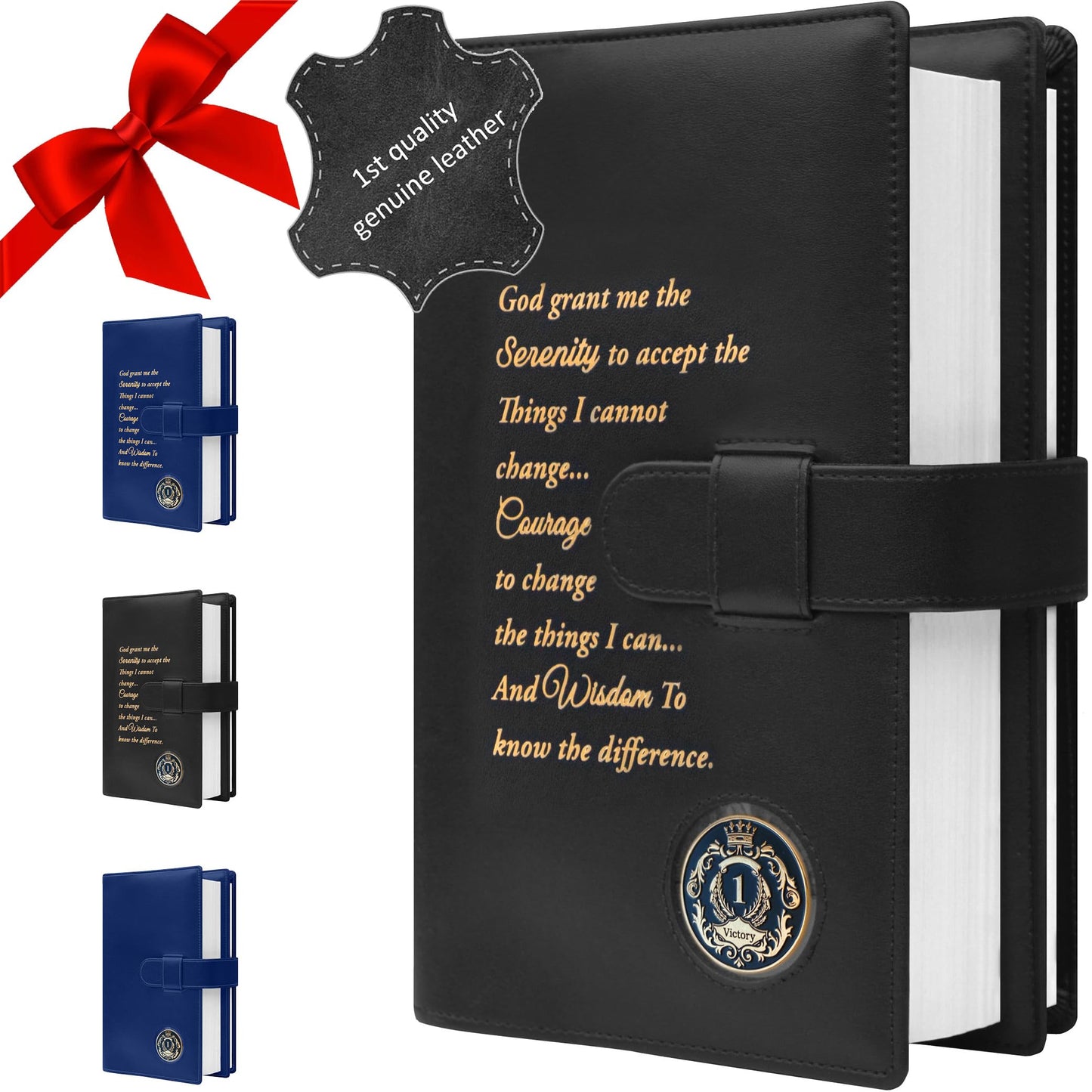 GALILEO® Genuine Leather Double AA Big Book Cover & 12 Steps & 12 Traditions | Medallion Holder | Perfect Gift | Alcoholics Anonymous (Genuine Leather, Black/Serenity Prayer)