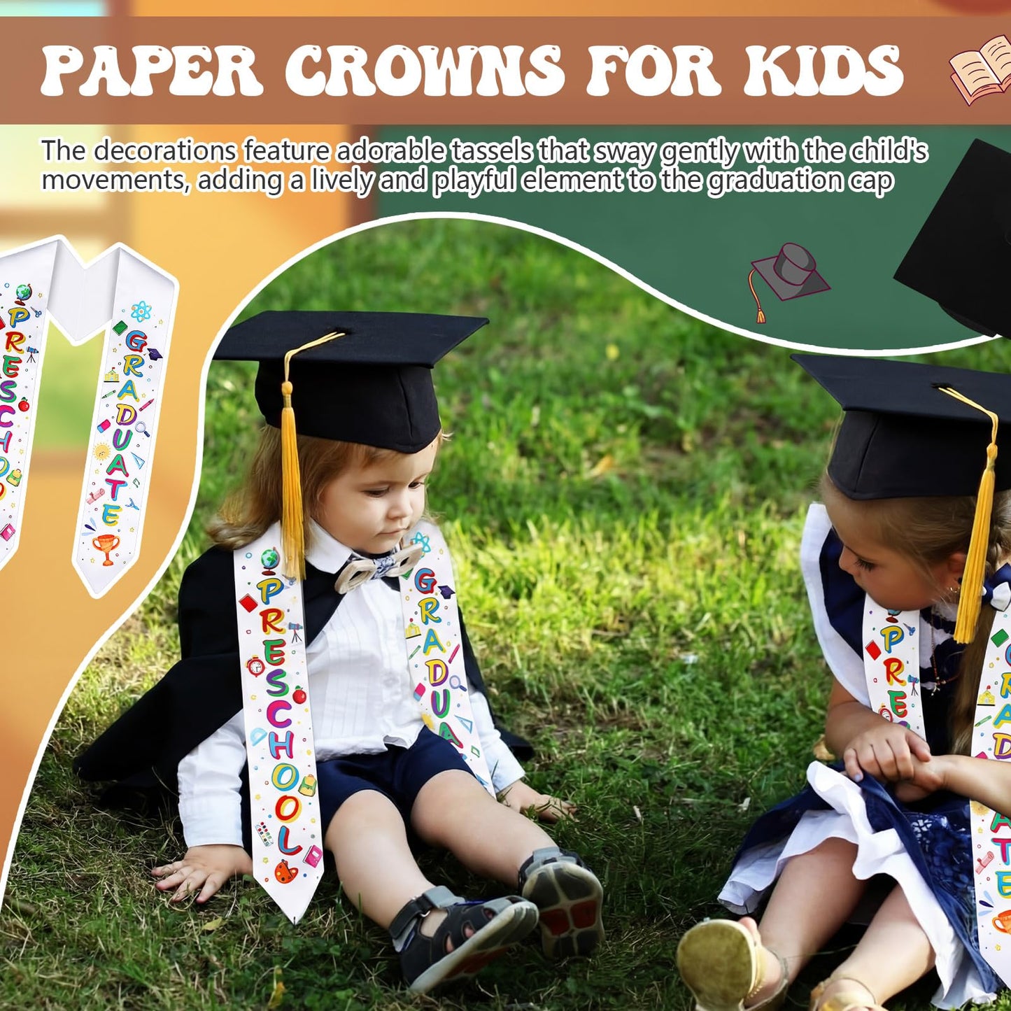 Knitgrip 36 Pcs Kindergarten Preschool Graduation Stole Caps and Diplomas Set Graduation Cap with Tassel Graduate Sash and Diploma Unisex for Kids Boys Girls (Preschool)