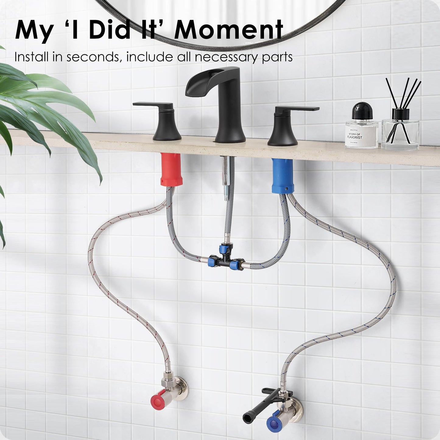 HOIGY Matte Black Widespread Bathroom Sink Faucet 3 Hole, 8 Inch Waterfall Faucet for Bathroom Sink with Pop-Up Drain and cUPC Supply Lines, 2 Handles for Vanity Lavatory Restroom, Brass Material