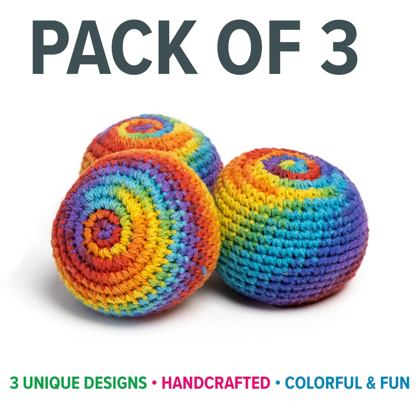 Handmade Crocheted Footbag- Pack of 3 – Durable Woven Cotton Kick Ball for Style Games, Juggling, Tricks & Outdoor Games – Made in Nepal