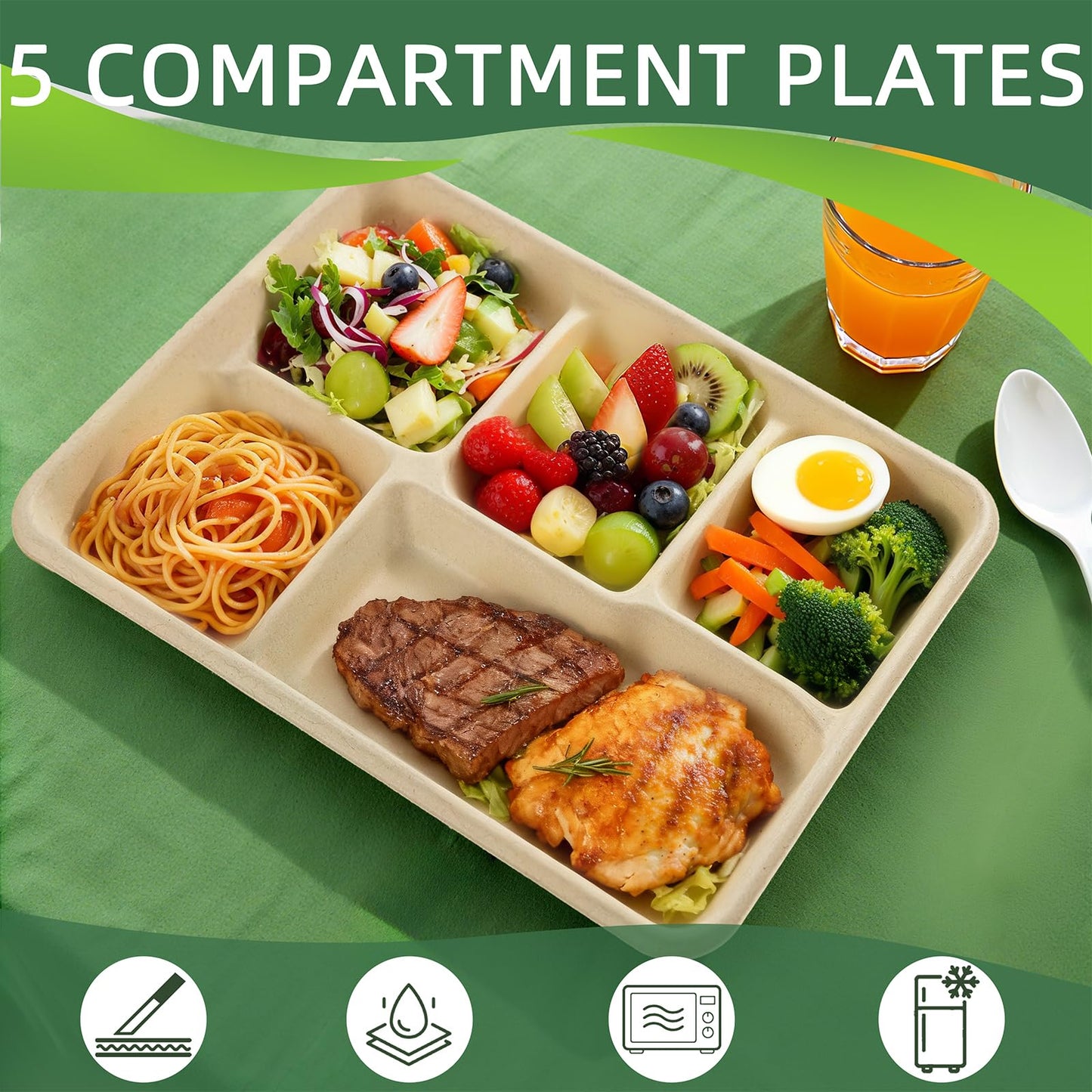 WELLIFE 100% Compostable 5 Compartment Paper Plates, 100 Pack Disposable School Lunch Trays Divided Plates for Adult Youth, 12.5 * 8.6 inch Heavy Duty Eco-Friendly Bagasse Plate for Buffet and Party