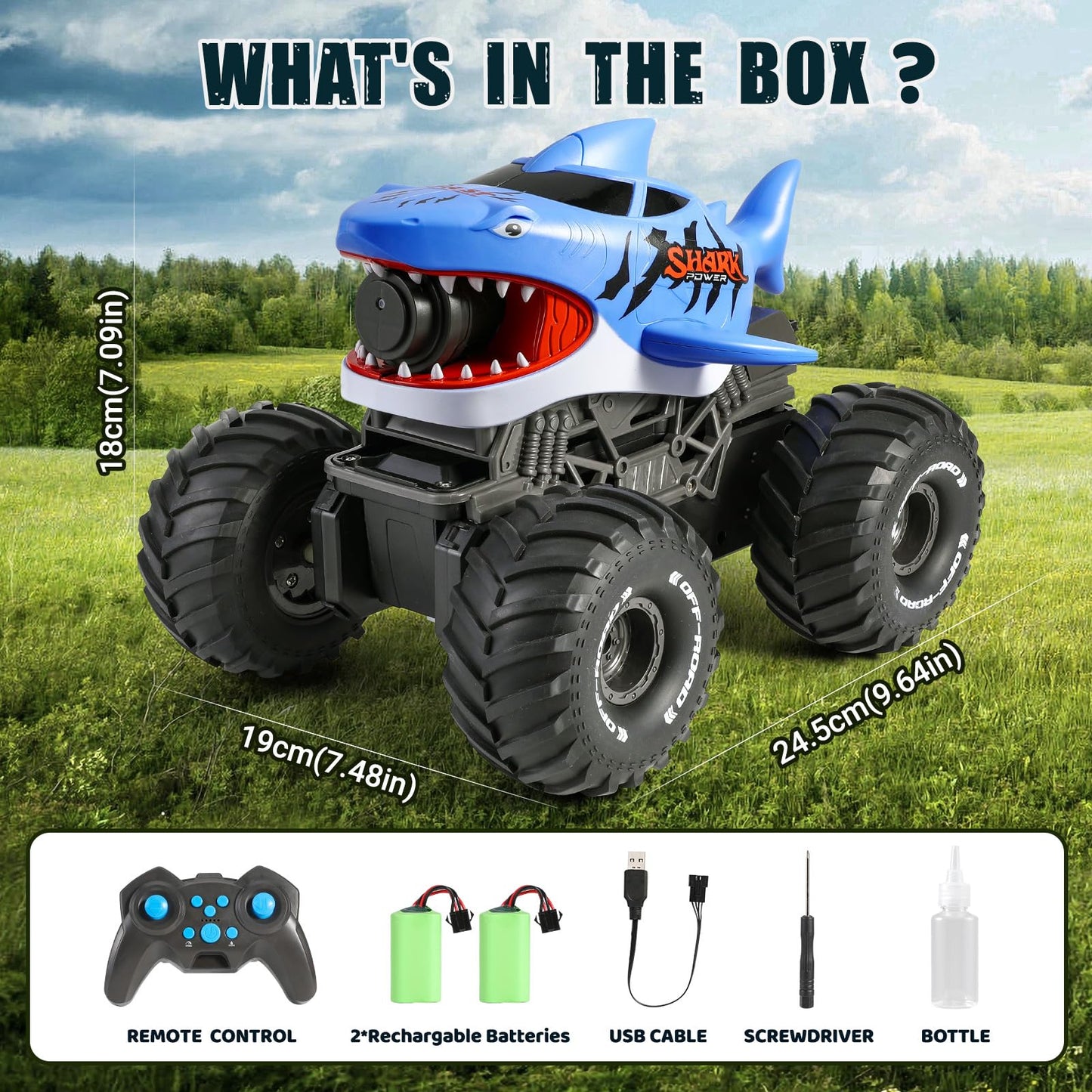 BOBXIN Amphibious Remote Control Shark Monster Truck with Water Squirt,4WD All-Terrain Off-Road 2.4Ghz Waterproof RC Stunt Car Pool Water Toys for Kids Age 6+