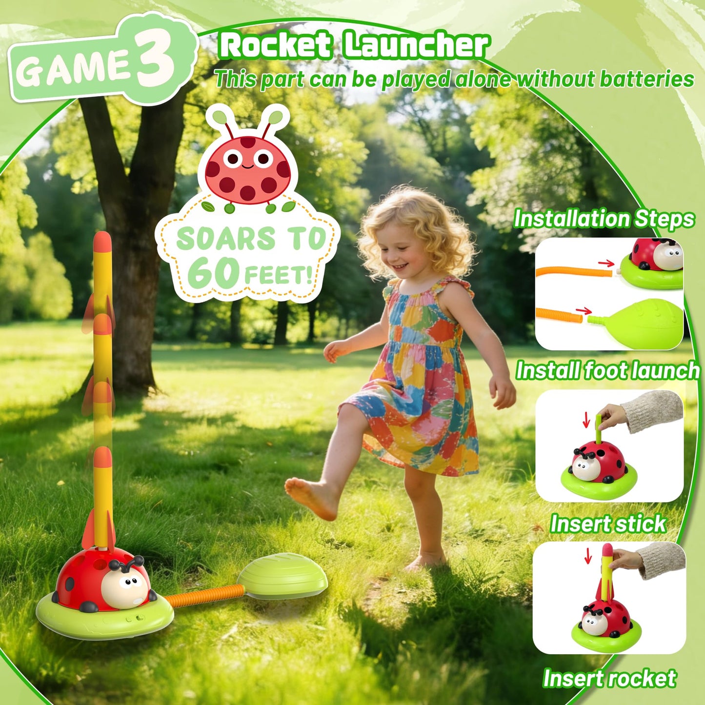 5 in 1 Musical Jump, Bean Bag Toss Ring Set, Baseball Toys and Rocket Launcher for Kids, Remote Control Indoor Outdoor Sports Toys for Kids 4-8