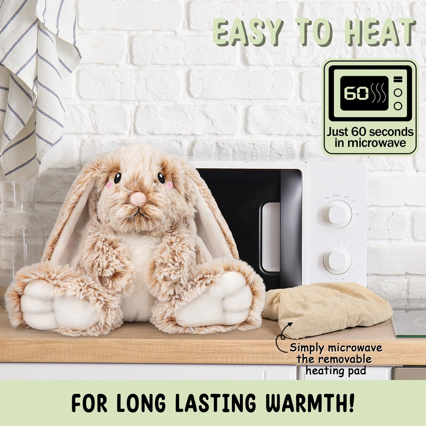 Happy Fuel Microwavable Unscented 1.5 lbs Heating Pad for Women and Kids - Cute Soft Cozy Pillow Plush Heatable Warm Stuffed Animals - Kawaii Hot and Cold Plushie Food Toy (Bunny)