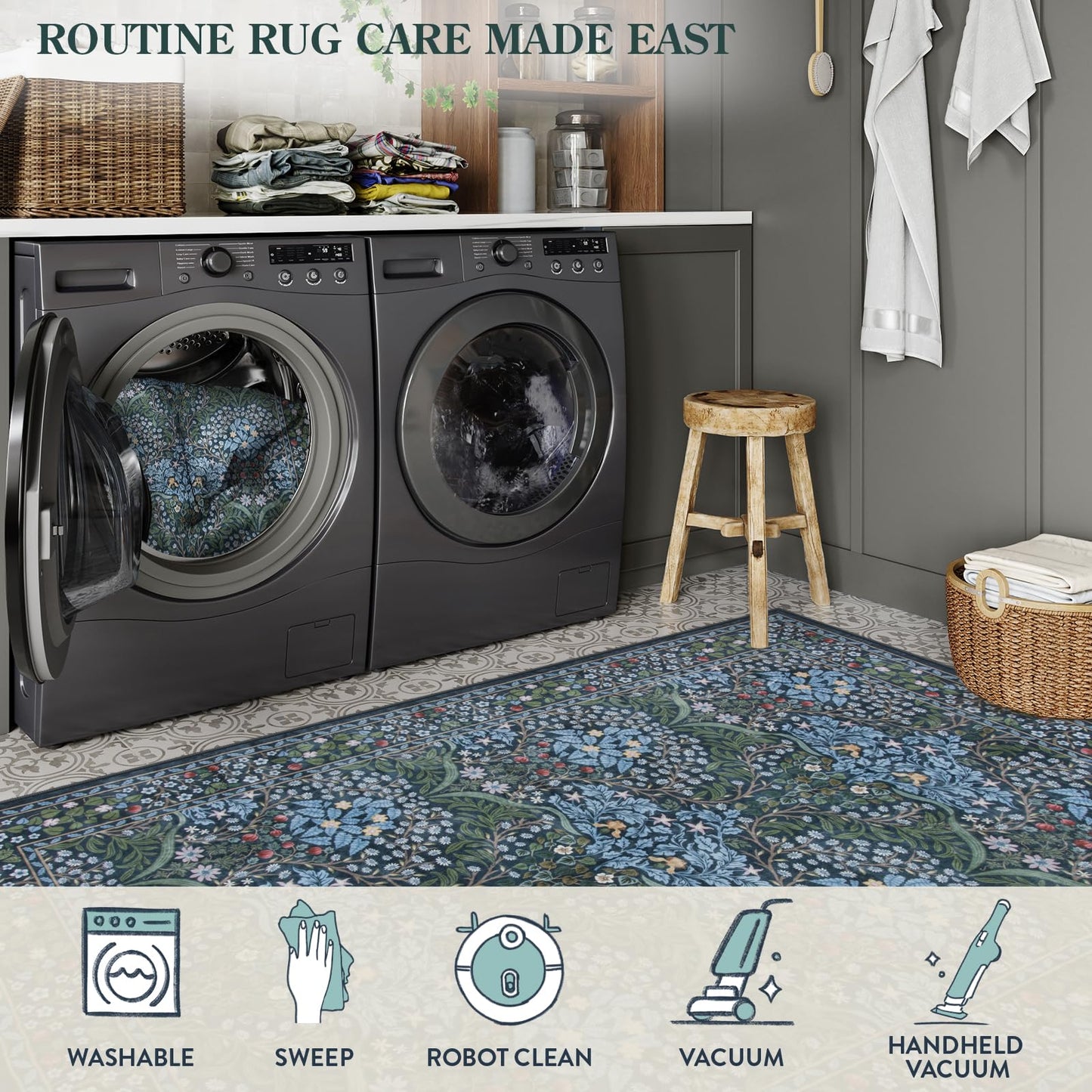 Lahome Floral Washable Area Rugs 5x7, Soft Blue Rugs for Living Room Bedroom, Boho Non Slip Low Pile Forest Stain Resistance Large Throw Carpet for Farmhouse Dining Room Office, Blue