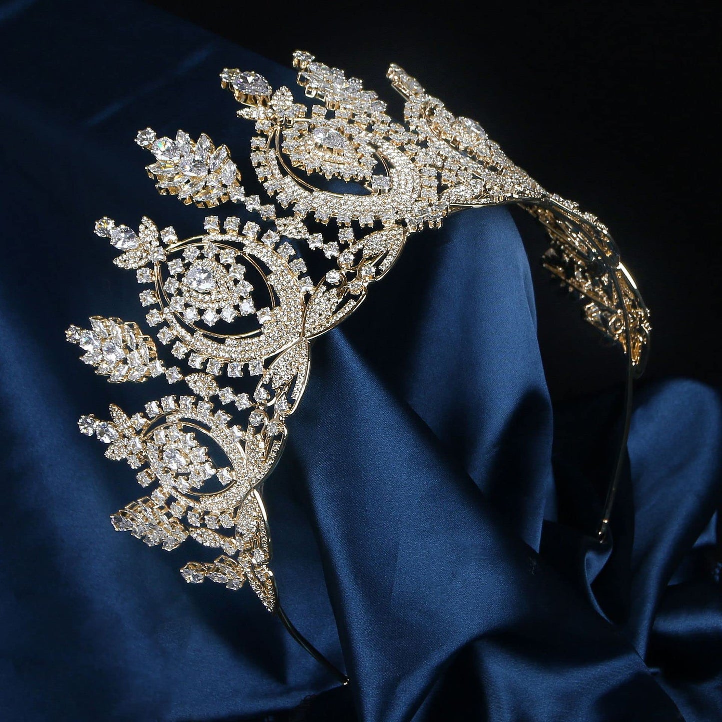 Big Crown for Women Cubic Zirconia Gold Bride Tiara for Wedding Prom Quince Pageant Sweet 16 Birthday Tiaras Tall Crystal Headband