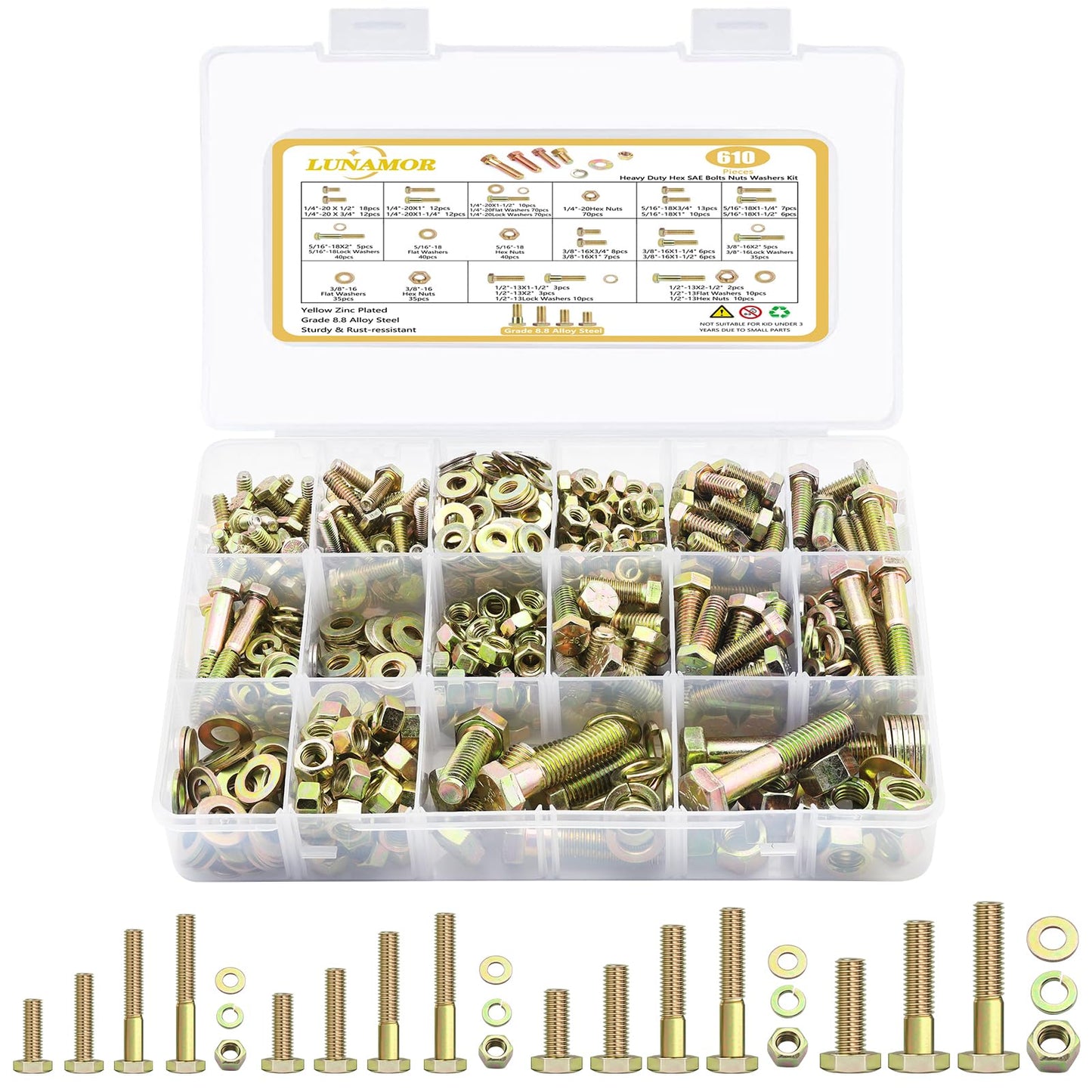 610 PCS Grade8.8 SAE Bolt and Nut Assortment,1/4 5/16 3/8 1/2 Heavy Duty Hex Head Bolts and Nuts Kit with Yellow Zinc Plated, Includes 18 Common Size,Length from 11-65mm
