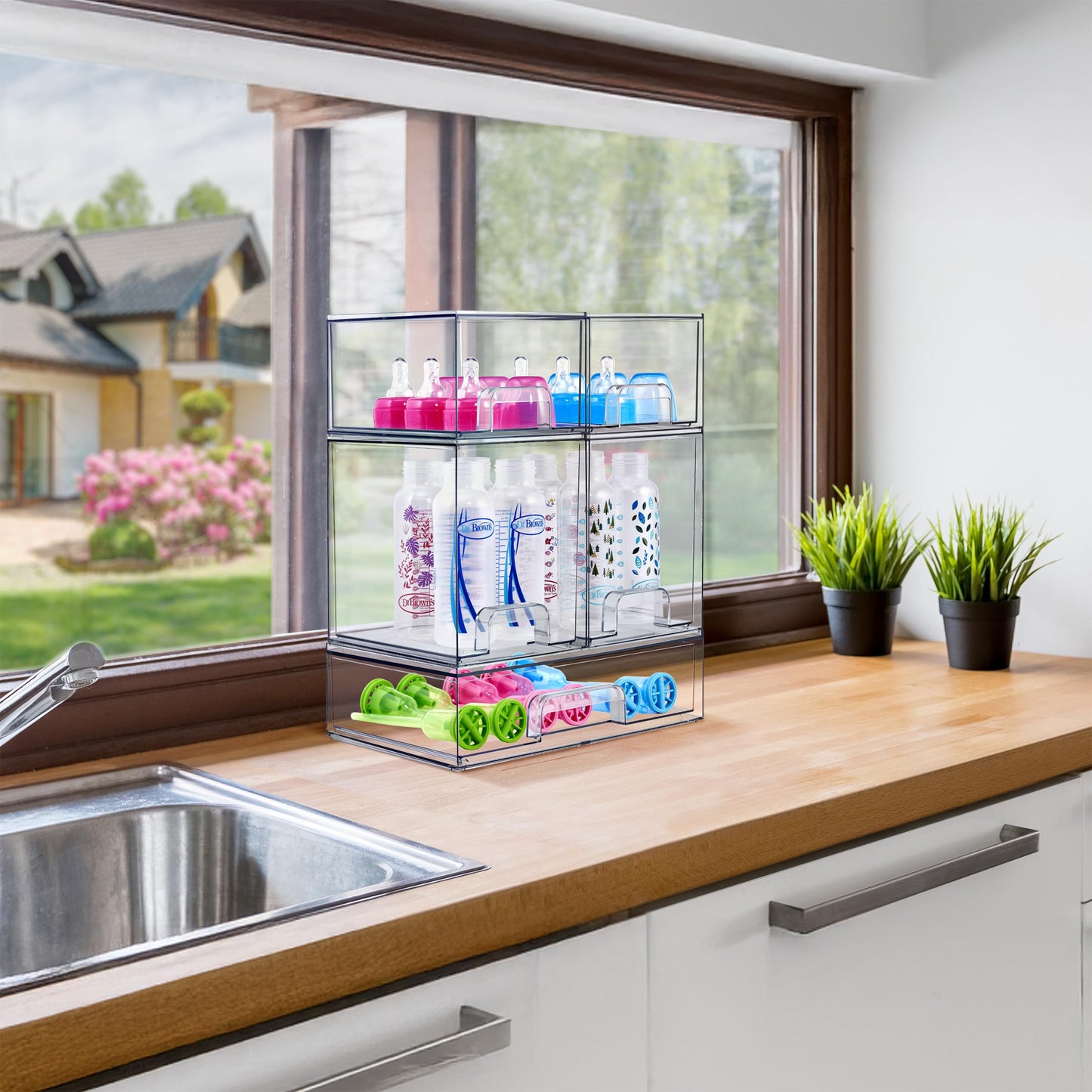 Sorbus Stackable Acrylic Storage Drawers – 2 Small + 2 Tall + 1 Wide – 5 Pack Clear Plastic Organizer Bins for Baby Bottles, Makeup, Bathroom & Vanity, Pull-Out Drawer Design for Kitchen Cabinets