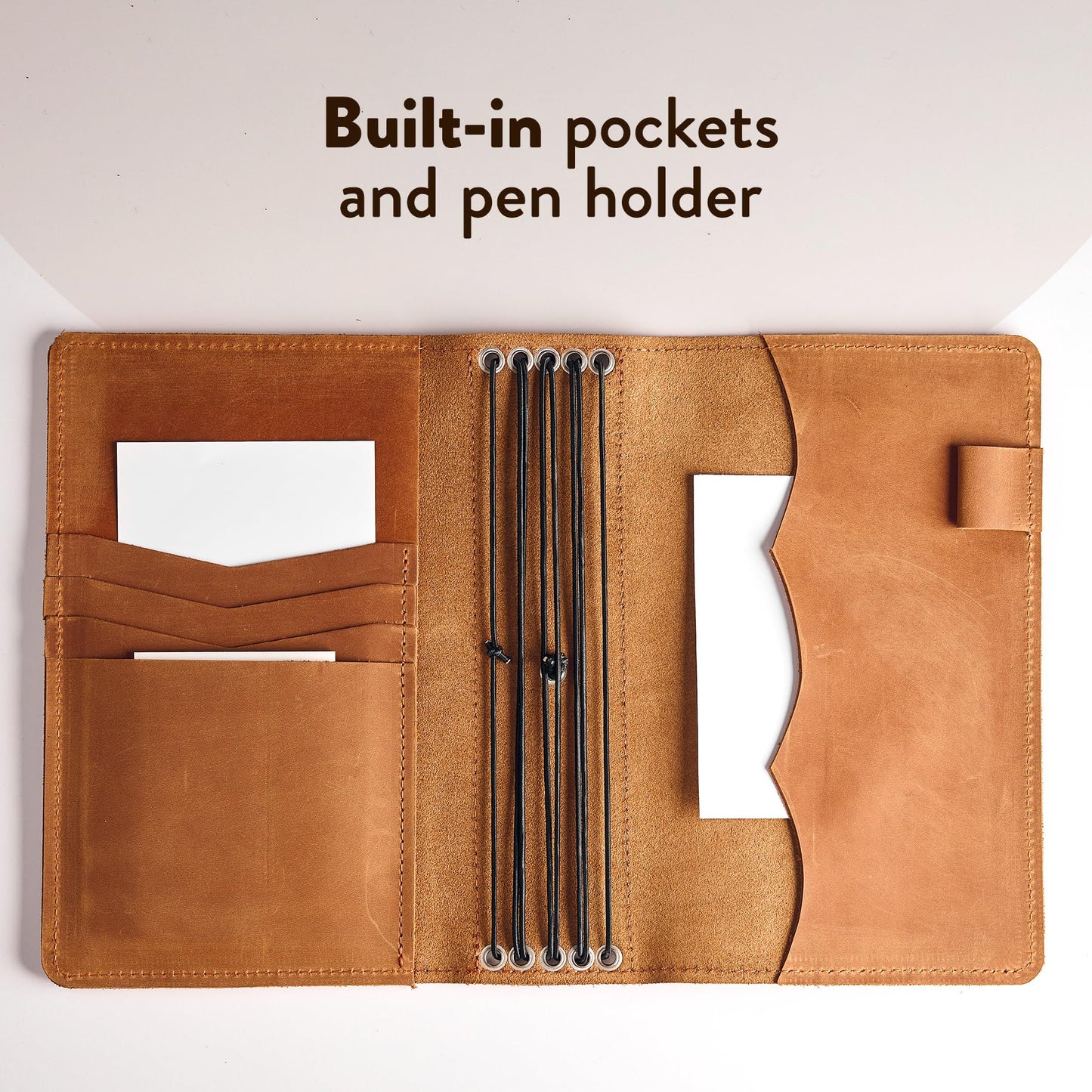 TORAKIP Leather Travel Notebook Cover A5 – Refillable Journal Organizer with 5 Elastic Bands, Pen Holder & Interior Pockets, Genuine Leather Planner Cover for Writing (Notebook Not Included), Caramel Brown