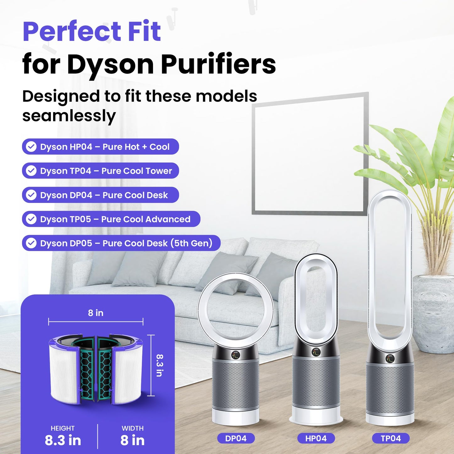 TP04 Replacement Filter | 360° Combi Glass HEPA & Activated Carbon Filter | Compatible with Dyson HP04, TP04, DP04, TP05, DP05 Air Purifi-er | Perfect Fit & Reliable | Easy to Install