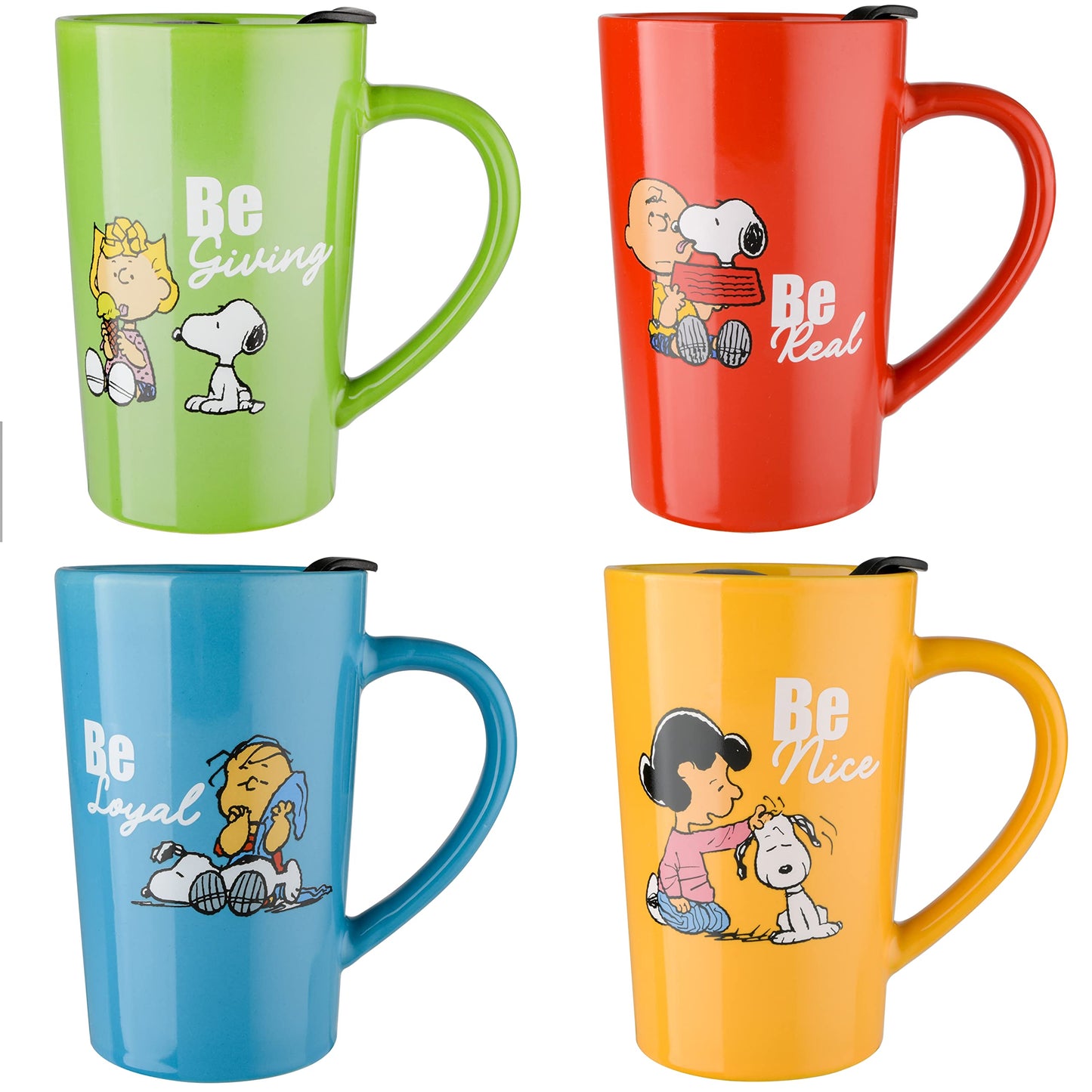 Peanuts Snoopy Gentle Reminders 18oz Stoneware Travel Cups with Lid, 4-Pack, Assorted Colors, Reusable Coffee Mug Set