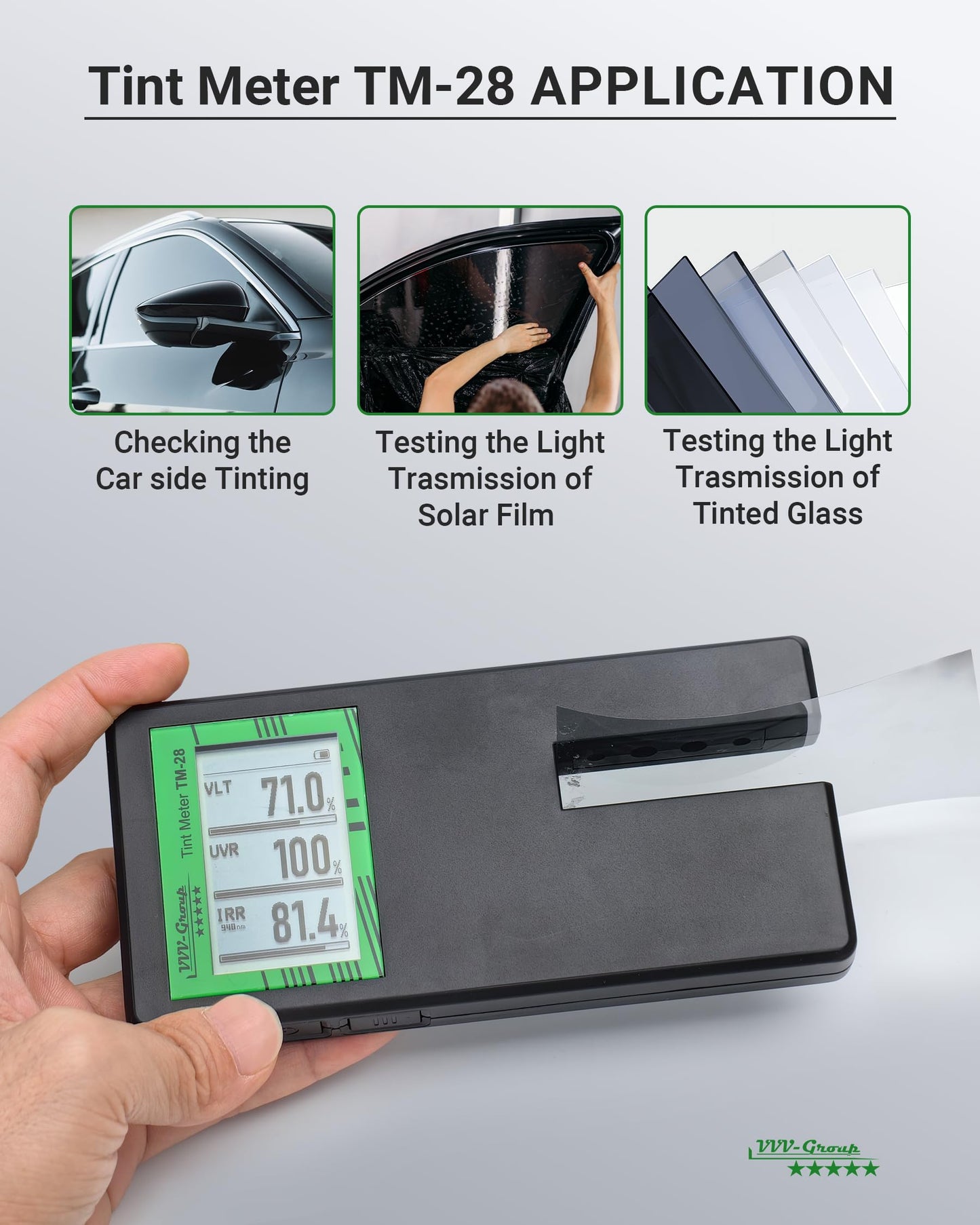 Digital Car Window Tint Meter TM-28 – Side Window Tint Tester for Light Transmission, UV/IR Rejection, Auto Calibration, Display Rotation