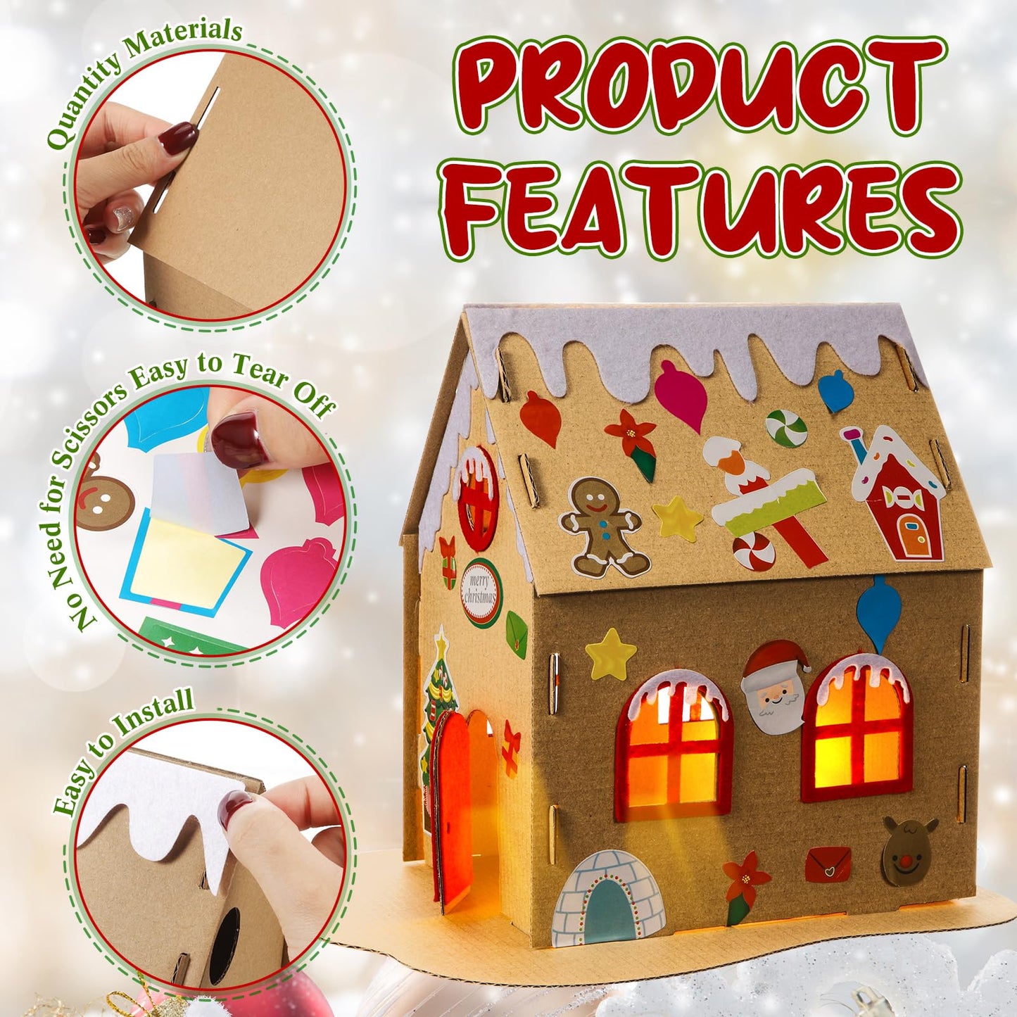 Hiboom 15 Pack Christmas Craft Kit Large Christmas Gingerbread House Kit with Flameless Candle Xmas Craft House Make a Gingerbread House Craft 3D Xmas Craft for Holiday Party Game Craft Decor Supplies