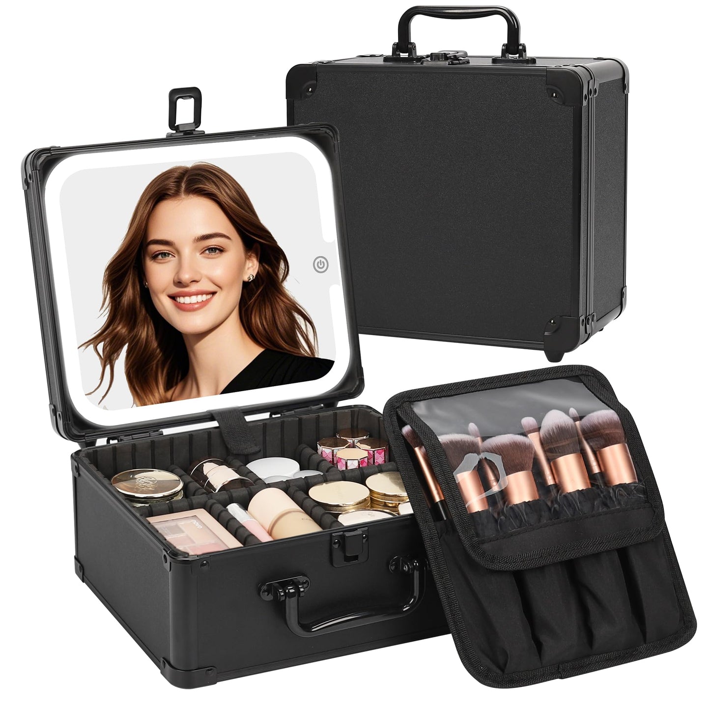 Makeup Box with LED Mirror, Waterproof Travel Train Case, Cosmetic Organizer Bag Portable Aluminum Cosmetic Bag with Adjustable Dividers and Detachable Mirror, Makeup Brush Holder Storage Black