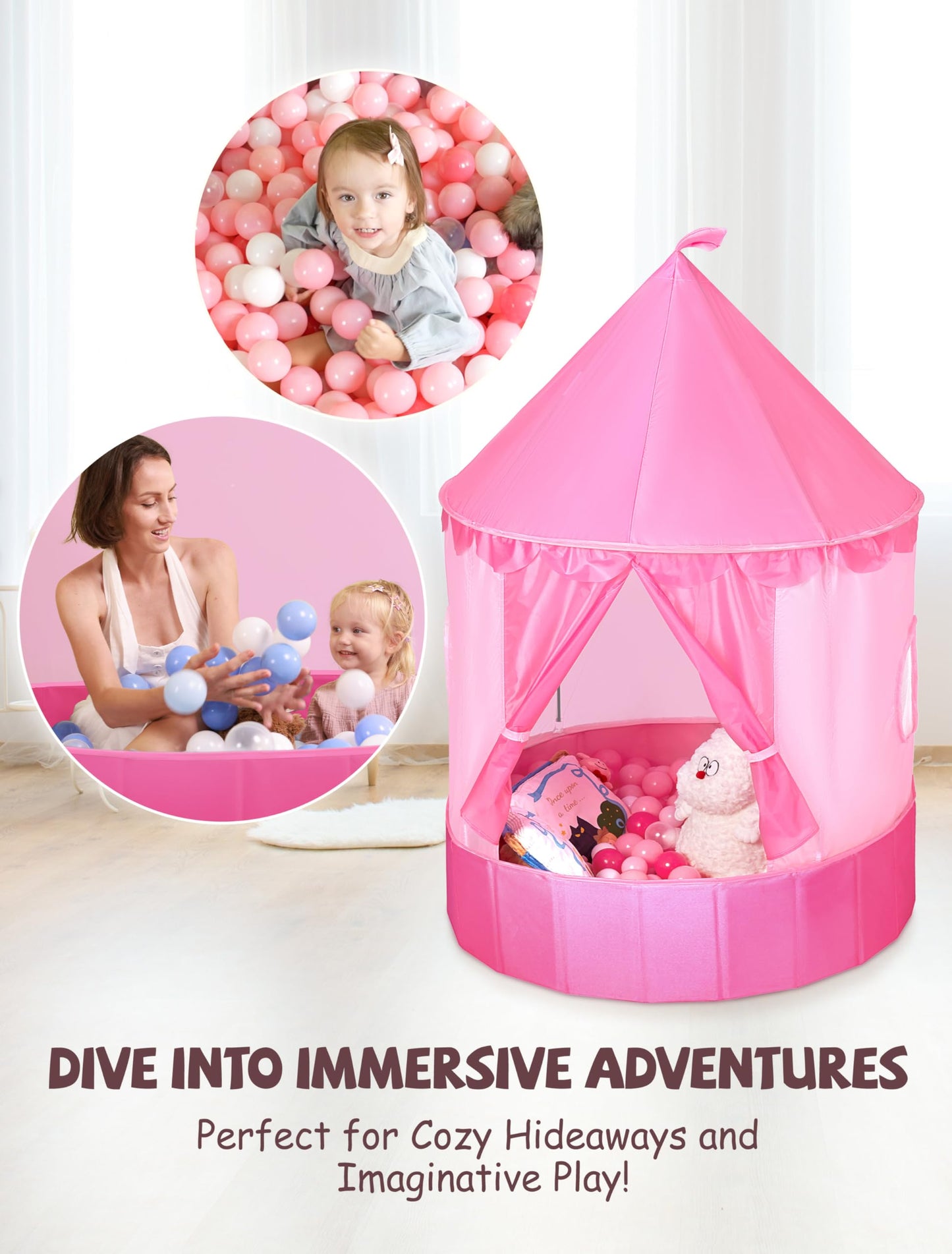 Hikiddy 3-in-1 Ball Pit & Play Tent for Toddlers: Large 40" Pink Kids Ball Pit and Princess Tent - Princess Castle Playhouse Tent for Girls Kids Babies - Foldable Portable Toys for Indoor & Outdoor