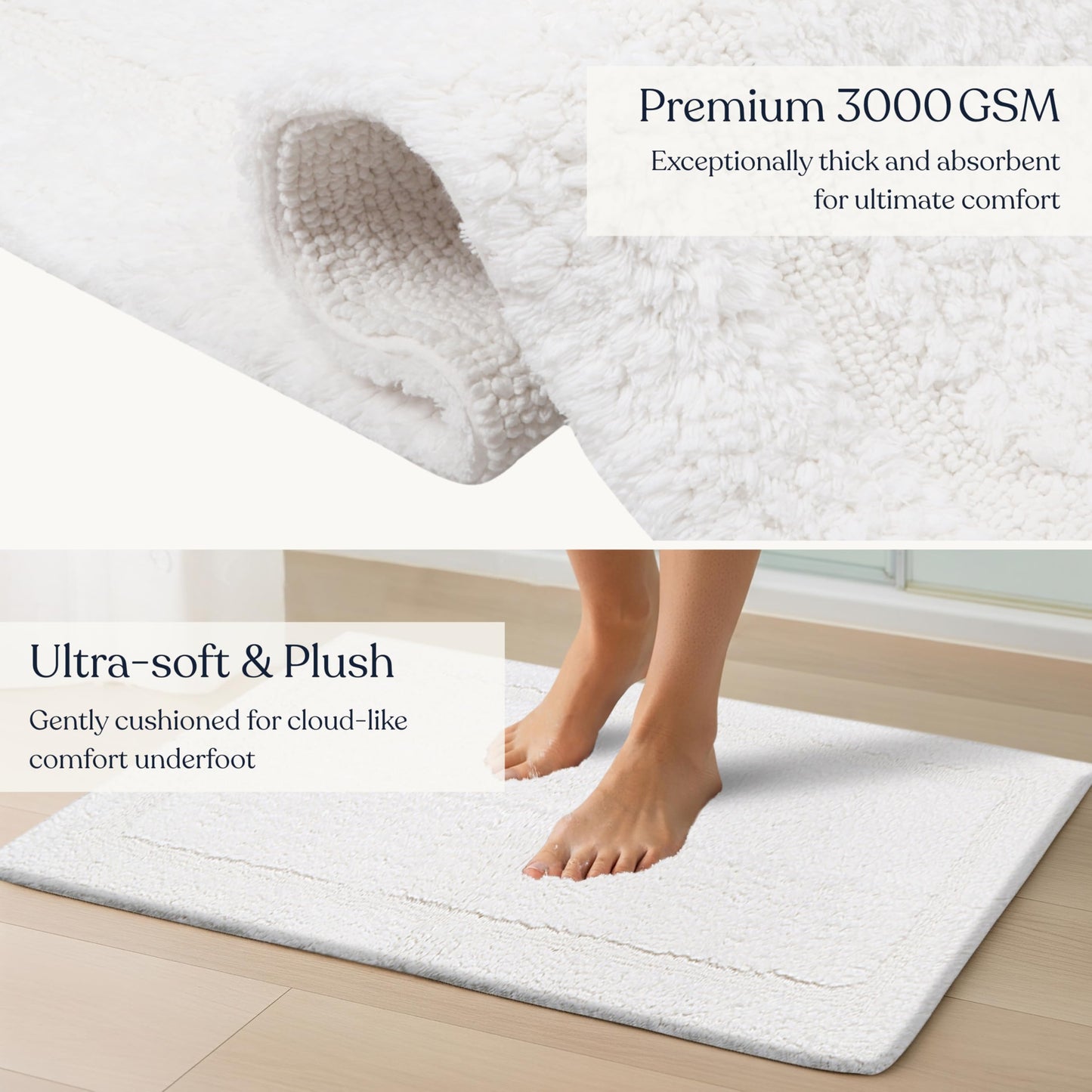 Delara Organic Cotton Reversible Bath Mat – 3000 GSM, GOTS Certified, Ultra-Thick & Super Absorbent | Soft, Plush & Quick-Drying Bathroom Rug (White, 30x50)