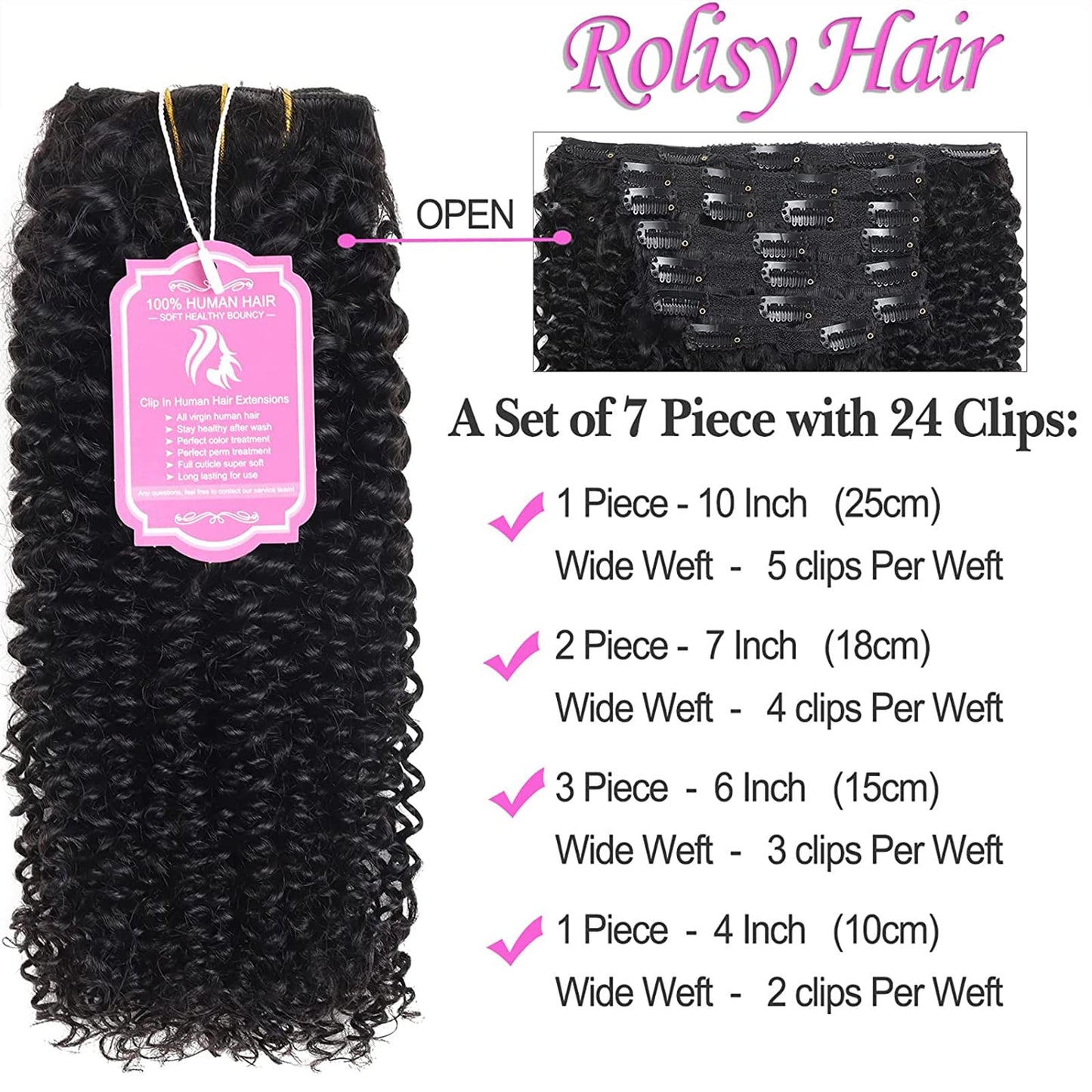 Rolisy Kinky Curly Clip In Hair Extensions Human Hair 20 Inch Curly Hair Extensions Clip In Human Hair for Black Women 3C 4A 4B Afro Kinky Curly Hair Clip Ins Soft Brazilian Remy Hair Thick Ends
