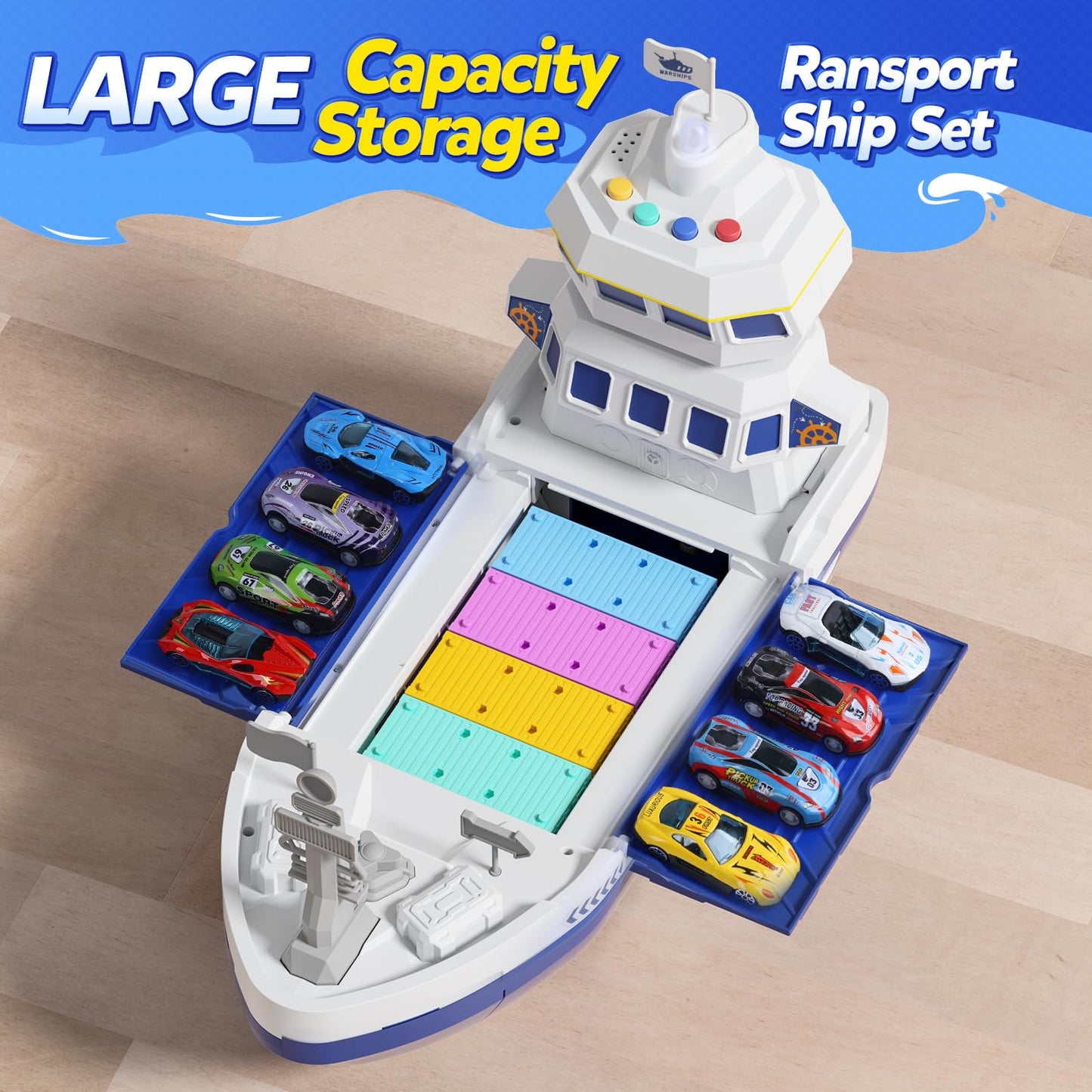 CUTE STONE Cargo Ship Toy & Gantry Crane, Toy Boat and Crane Playset with Sounds & Lights, Transport Containers, Push and Go Vehicle Cars, Kids Play Boats for Boys Girls