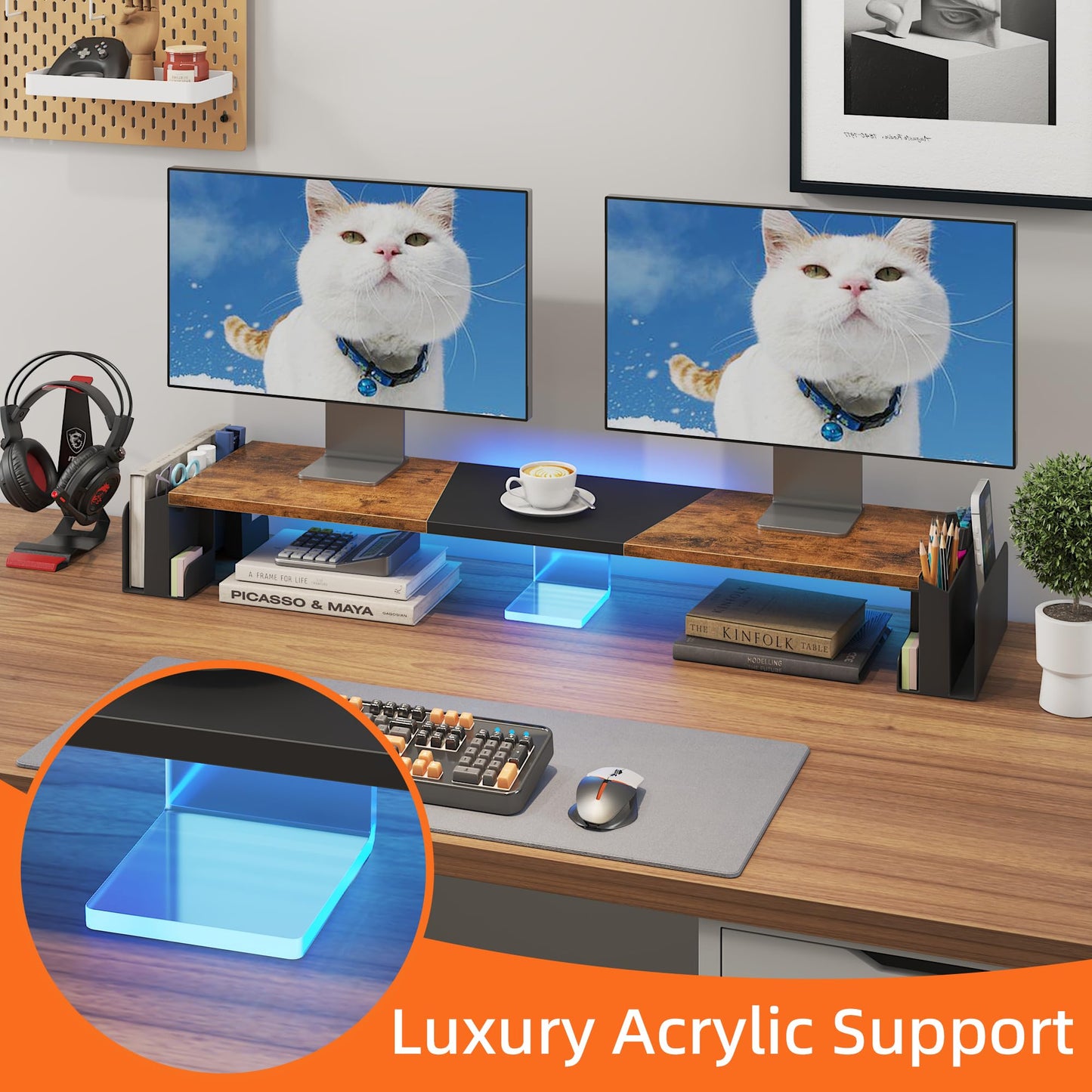 WESTREE Dual Monitor Stand Riser with Pen Holder, Computer Monitor Riser with Adjustable Angle and LED Light, Desktop Monitor Stand Riser Storage Organizer for Computer, Laptop, Printer, TV