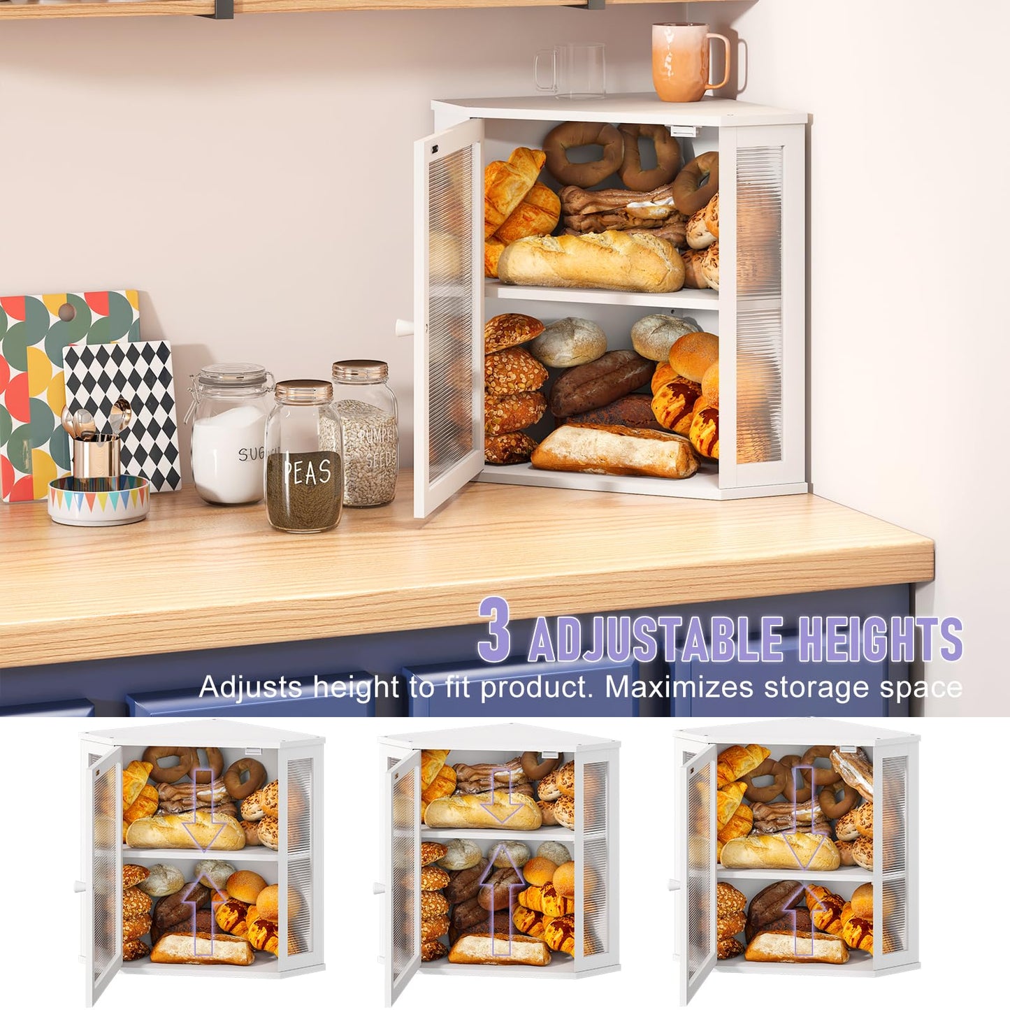 Wieghda Corner Bread Box for Kitchen Countertop, Farmhouse Style with Acrylic Wavy Door Panel White Counter Bread boxes, Extra Large Food Storage Container
