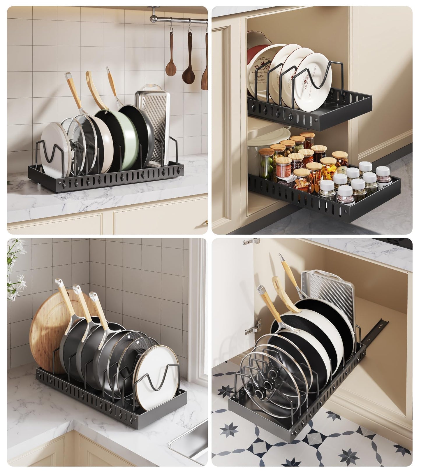 Pull Out Pots and Pans Organizer Under Cabinet, Sliding Lid Holder and Pan Rack in Kitchen, Slide Out inside Cabinet Storage for Pot Lid, Bakeware, Dishes, 8 Adjustable Dividers, 2 Pack Black
