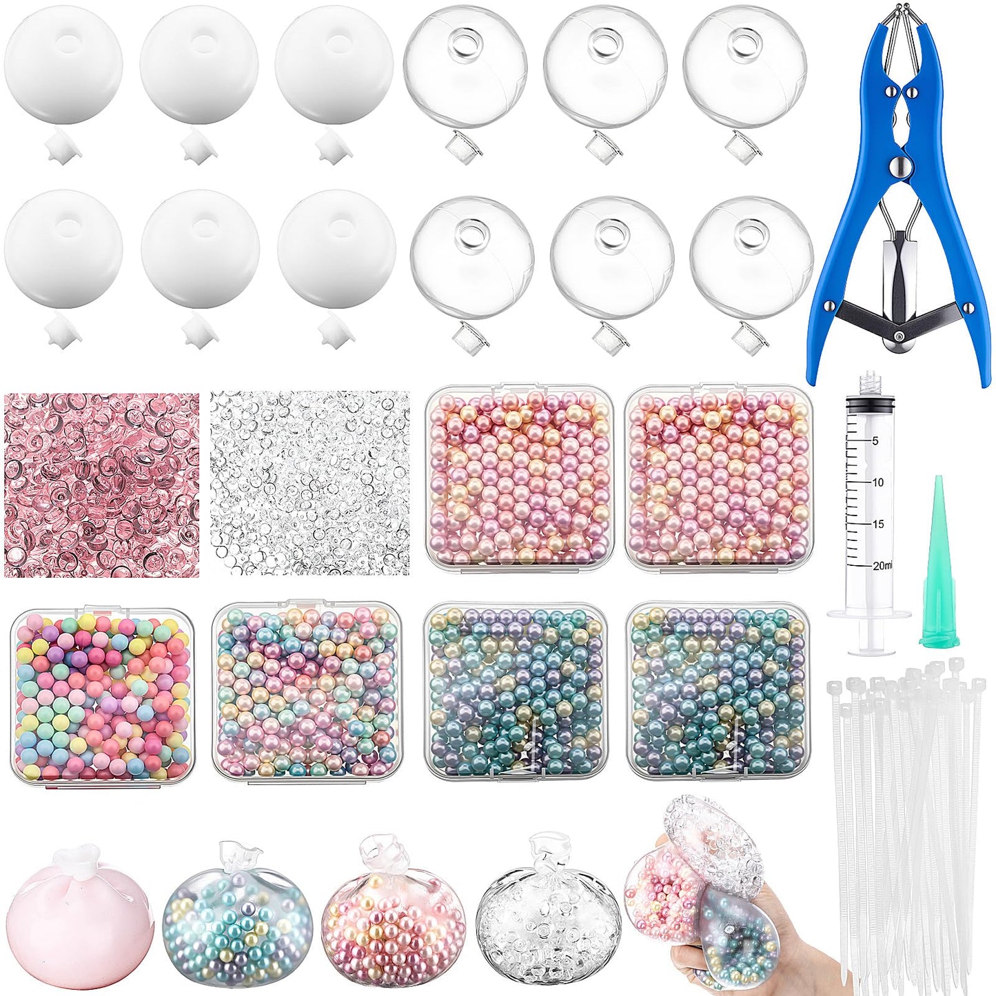 Simgoing 12 Sets DIY Stress Ball Making Kit Milky Blank Stress Ball DIY Kit with 12 Skins Empty Squeeze Balls Fill Beads Expander Tool Vacuum Evacuating Device for Make Your Own Pressure Balls