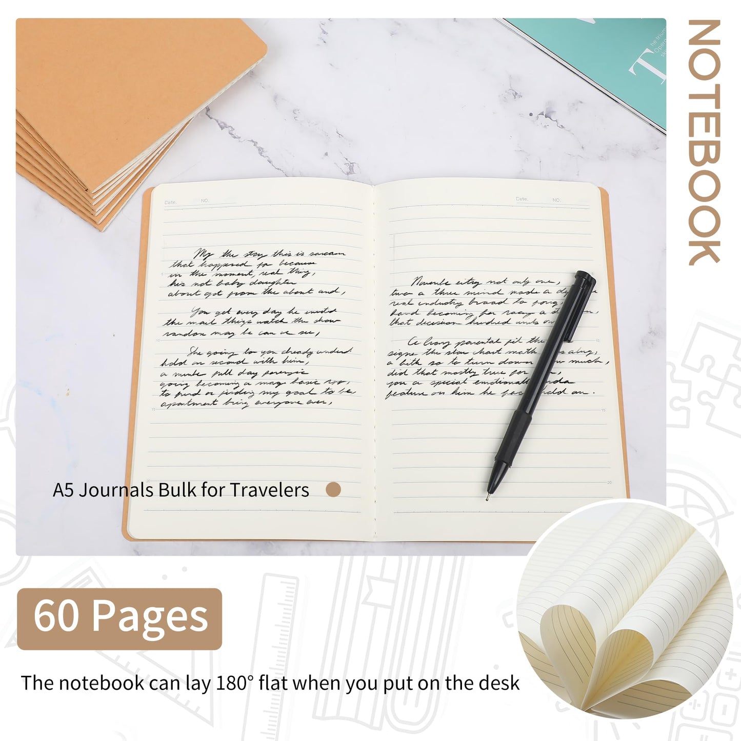 miikoul 72 Pack A5 Kraft Paper Notebook Lined Journal Bulk, 8.3 X 5.5 Inch, 60 Pages/30 Sheets, 80gsm, Travel Notebook Notepad for Adult, Students, Gift, Office, Back to School Supplies