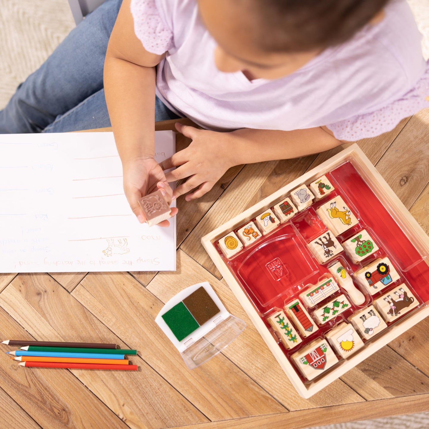 Melissa & Doug Stamp-a-Scene Wooden Stamp Set: Farm - 20 Stamps, 5 Colored Pencils, and 2-Color Stamp Pad