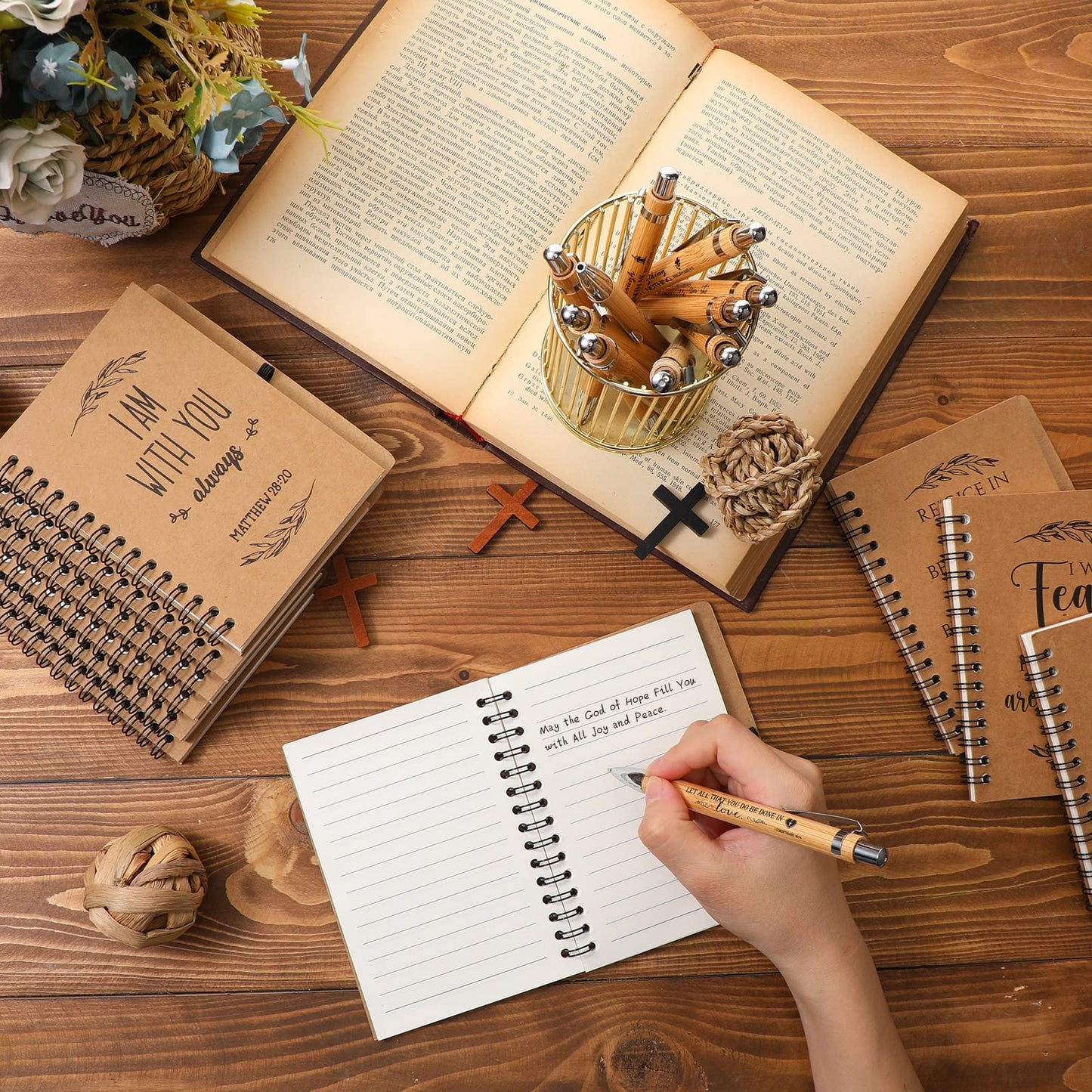 Kosiz 100 Pcs/ 50 Set Father's Day Christian Gift Bulk Include Spiral Notebook and Bible Verse Ballpoint Pen Prayer Journal Religious Gift for Church Members & Study Groups Men Women Sunday School