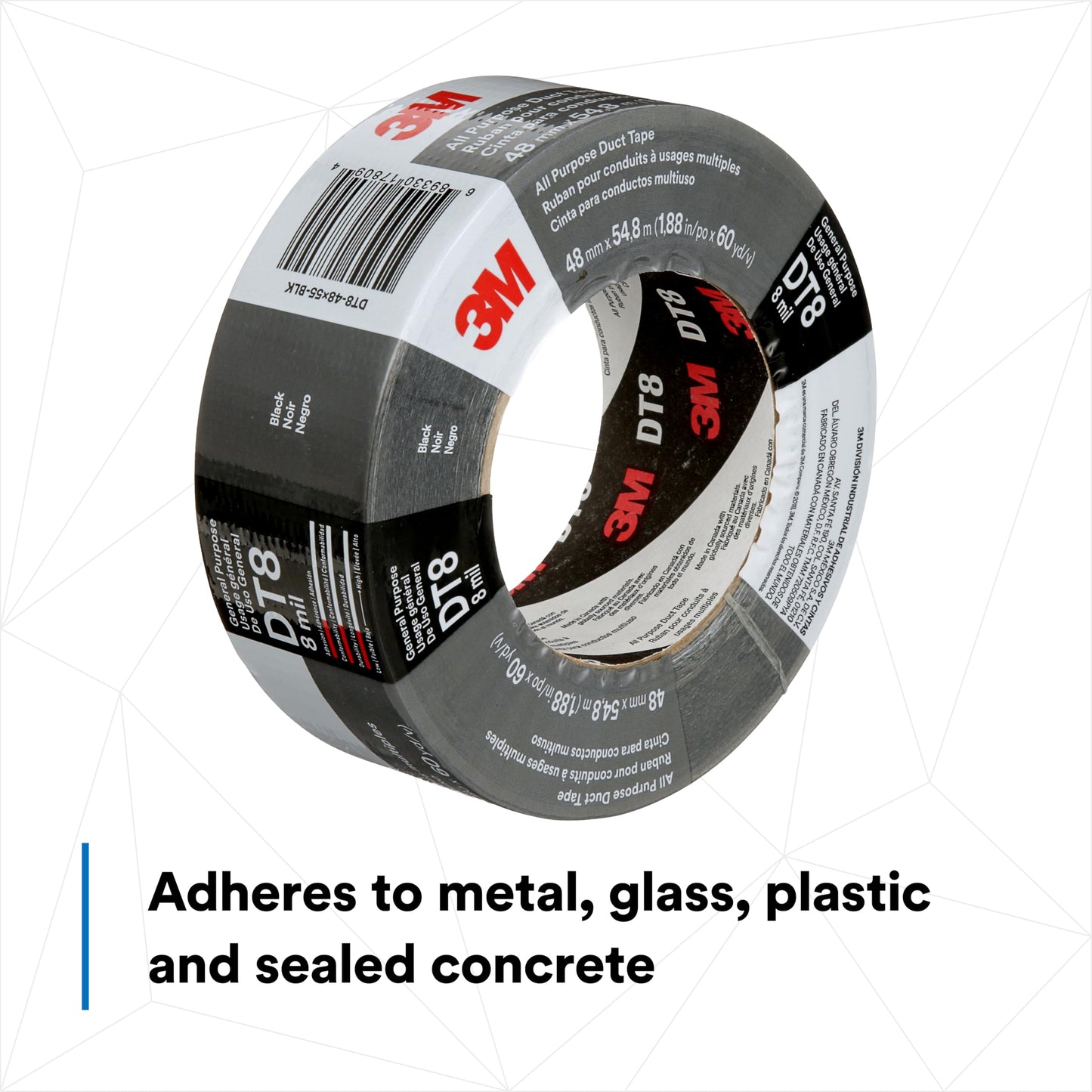 3M Duct Tape DT8, 3 Pack, Industrial Strength, Multi-Use, Black color tape, 1.88" x 60 yd, Tear by Hand, Professional Grade Adhesive, Perfect for HVAC, Bundling, Moisture Proofing, and Reinforcing