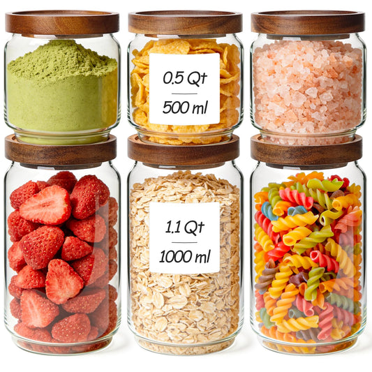 ComSaf 6PCS (1.1Qt/0.5Qt) Glass Pantry Storage Container with Acacia Wood Lid, Airtight Glass Canister with Stacked Design for Orderly Organizing, Glass Jar Organizing Dry Goods in Pantry & Cabinet