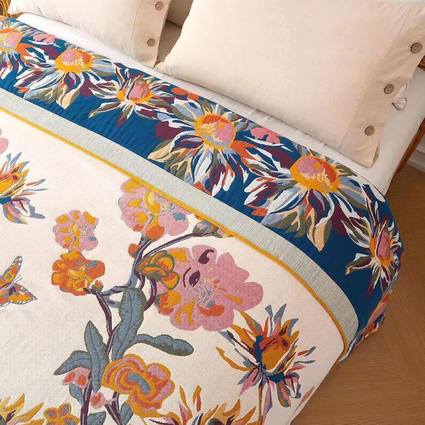 Wzvzss Boho Throw Blanket - 100% Cotton Soft Summer Throw Blanket for Bed, 90"x108" Reversible Breathable Lightweight Blankets, All Seasons Farmhouse Decor Floral Plant Butterfly Throw Quilt