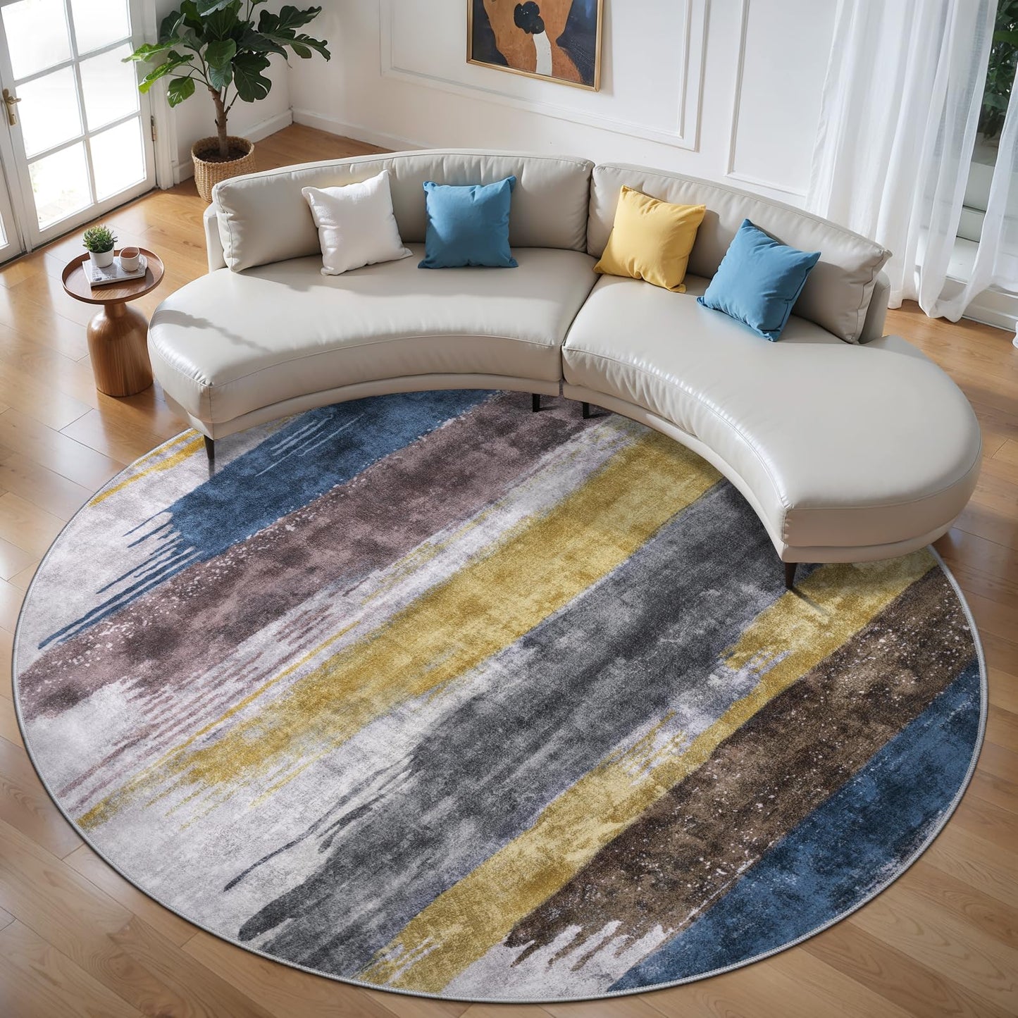 Ciicool 6ft Round Washable Rug, Modern Abstract Circle Rugs, Non-Slip Thin Lightweight Rug Yellow Brown Circular Print Distressed Carpet for Bedroom Living Room Under Dining Table Home Office Decor