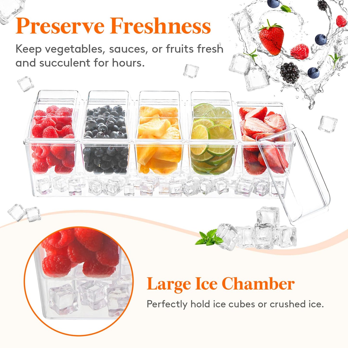 Lifewit 2 Pcs Ice Chilled Condiment Caddy with 5x 20 oz Containers, Condiment Server with Lid & Metal Accessories, Serving Tray Platter with Removable Dishes for Bar, Fruit, Salad, Taco, Party Garnish