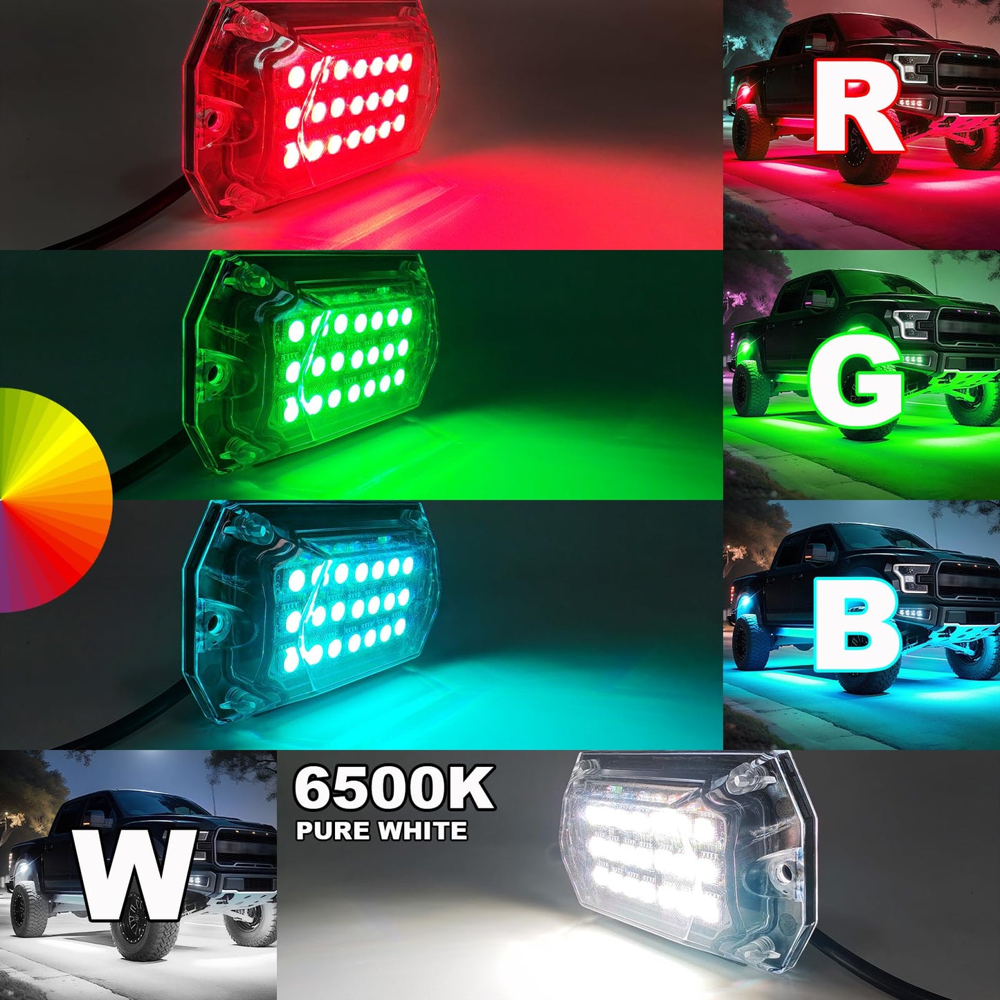 12 Pods Full Angle RGBW LED Rock Lights, 6500K Pure White RGB Rock Light for Truck Jeeps Pickup Offroad Golf Cart SUV UTV Underbody, 12V Waterproof Neon Underglow Kit with APP/RF Remote Sync Music