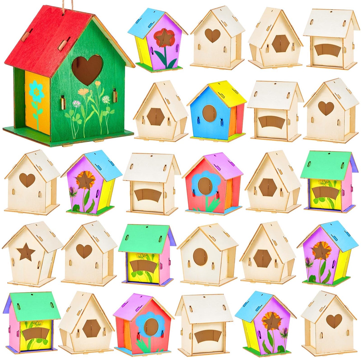 Juexica 30 Pcs Wooden Birdhouses, Unfinished Wood Bird Houses Arts and Crafts Kits Wooden Bird Houses for Children to Build and Paint DIY Craft