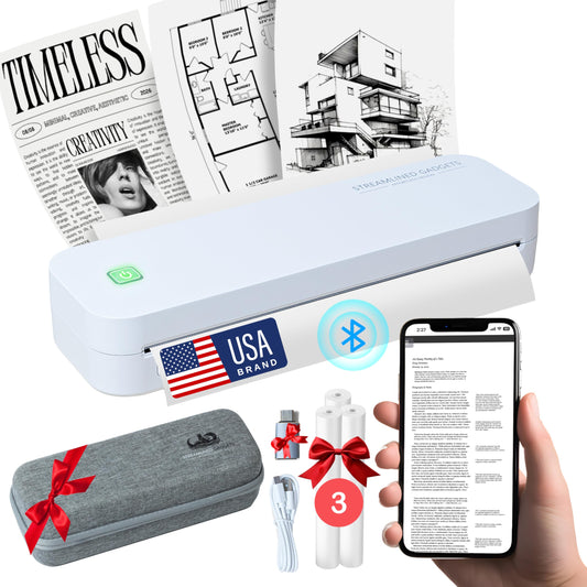 2025 Inkless Portable Printer Wireless for Travel, Bluetooth Thermal Printer Supports 8.5x11 US Letter, Compatible with iOS, Android, MAC, Windows for Office, Car and Home, w/Case+ 3 thermal rolls Kit
