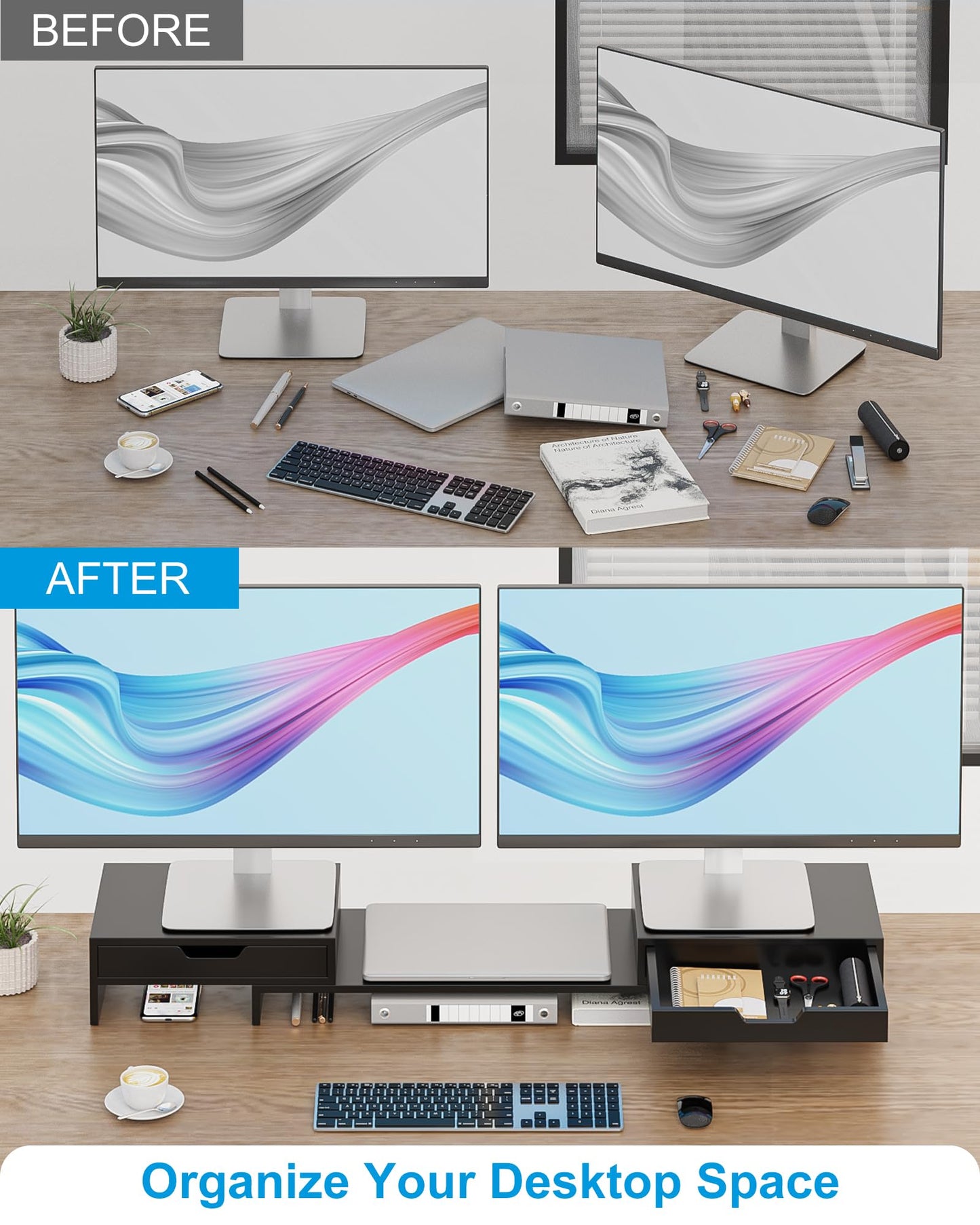 Epesoware Dual Monitor Riser with Two Drawers for Desk, Bamboo Monitor Stand Riser with Storage, Desk Shelf for Computer, IMac & Laptop, No Assembly Required, Black