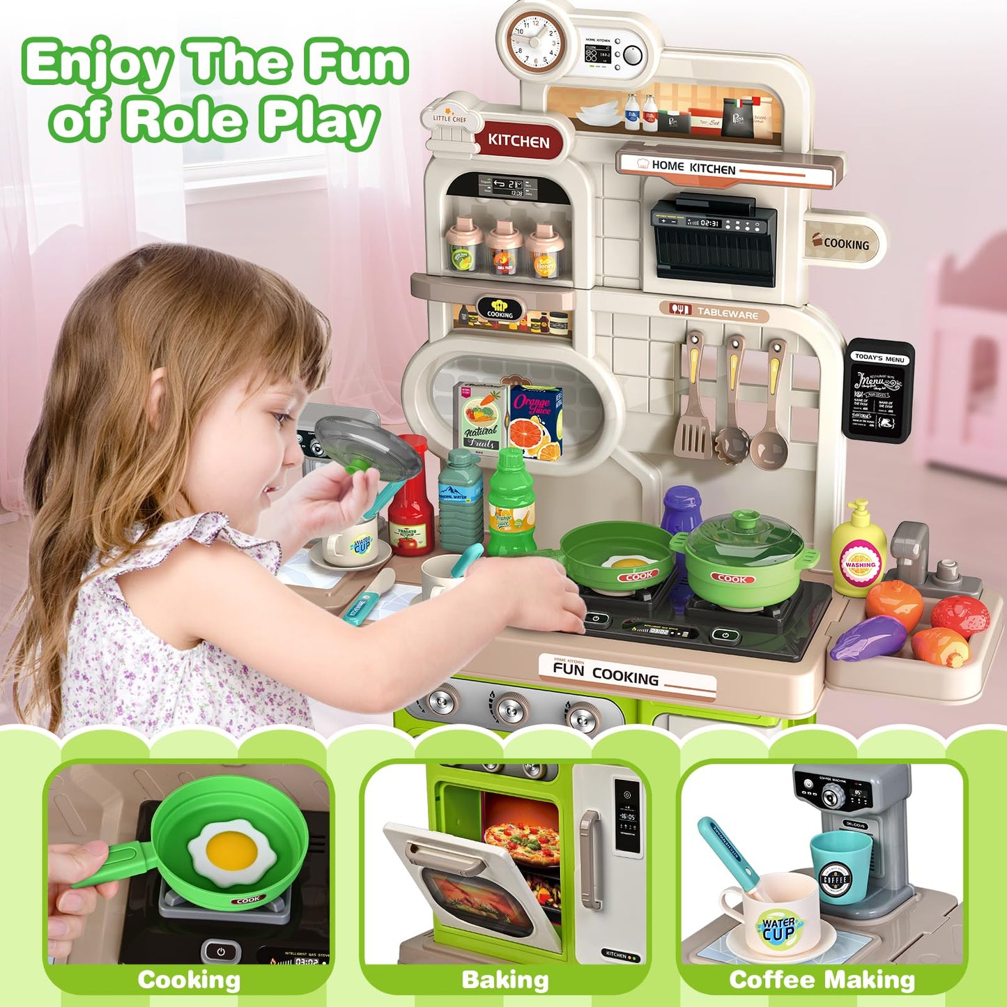 Play Kitchen Set, Kids Kitchen Playset with Realistic Sound & Light, Cooking Stove, Sink, Play Food and Accessories, 57 Pcs Kitchen Toys Gifts for Toddlers 2-4 3-5 Boys Girls (Green)