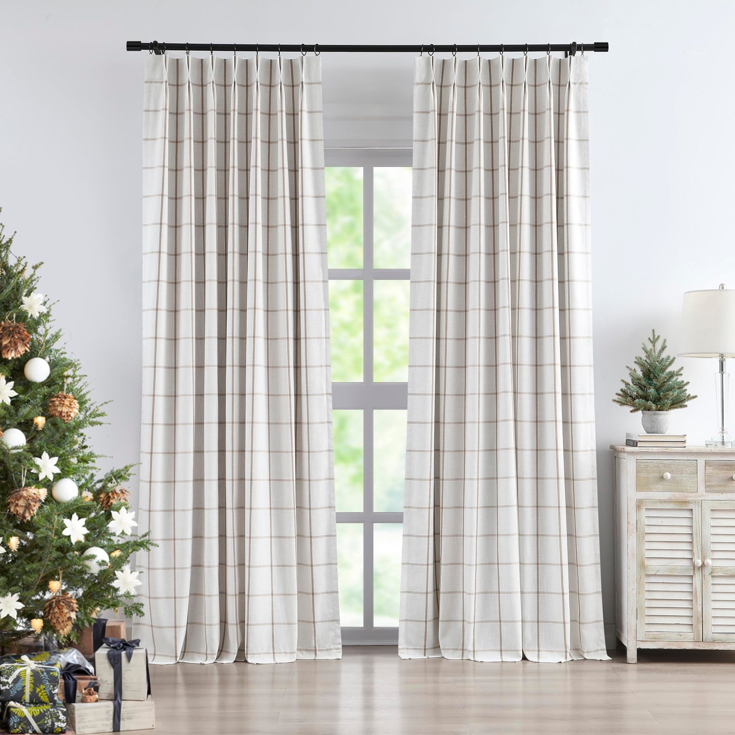 Vision Home Flax Linen Plaid Pinch Pleated Full Blackout Curtains Checkered Thermal Insulated Window Panels 84 inch for Bedroom Living Room Energy Efficient Rustic Pleat Drapes with Hooks 40"Wx84"Lx2