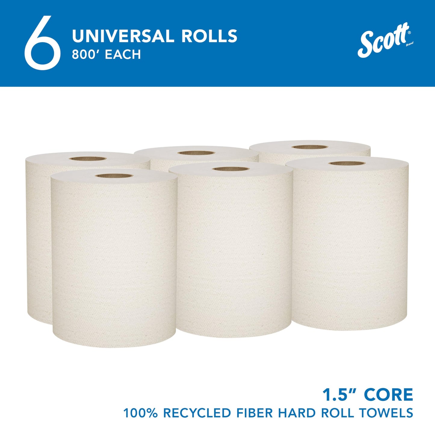 Scott Professional Universal 100% Recycled Fiber Hard Roll Paper Towels, Bulk (56758), Hardwound 1.5" Core, Absorbency Pockets, Compressed, Brown (6 Rolls at 800' Each, 4,800'/Case)