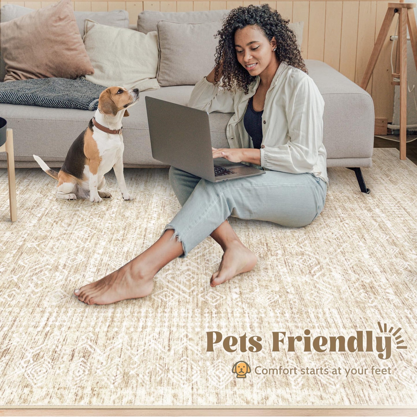 6x9 Area Rugs for Living Room: Washable Moroccan Geometric Boho Rug Farmhouse Non Slip Stain Resistant Large Rug Low Pile Soft Carpet for Bedroom Dining Room Home Office Children Room (Beige,6'x9')