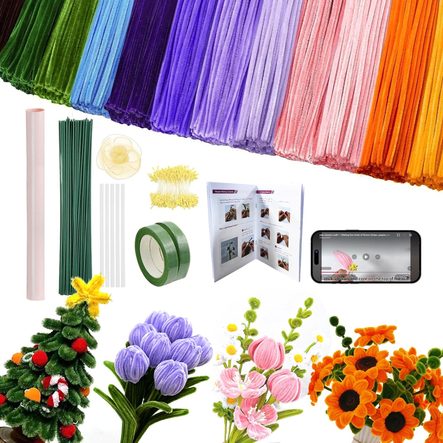 Qarrazwyi Pipe Cleaners Craft – 800+ Pcs DIY Flowers Kit with Step-by-Step Video Tutorials, Everlasting Handmade Arts and Crafts Gift for Women, Adults & Beginners