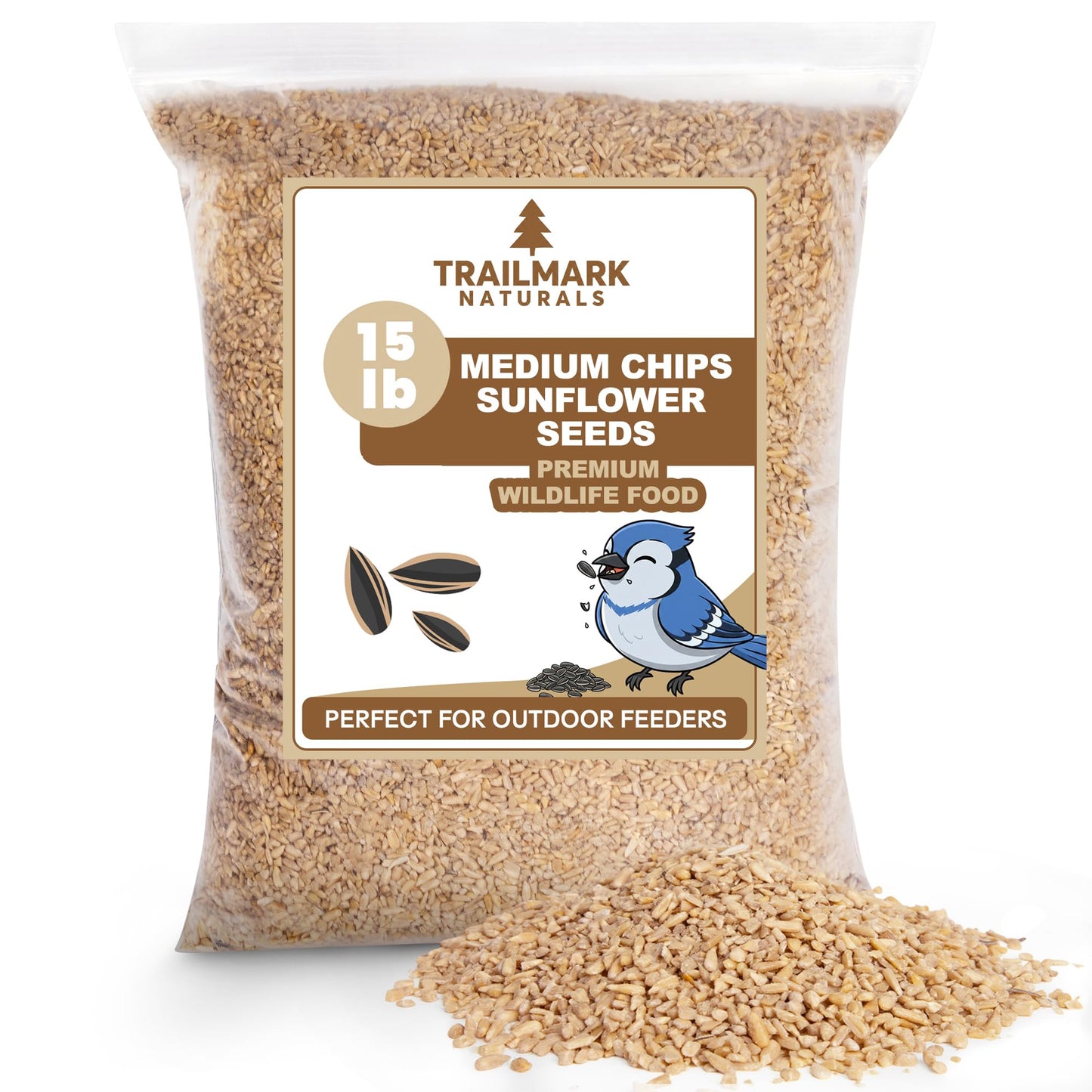 Trailmark Naturals 15 LB Medium Sunflower Chips, Shelled Seeds for Birds – Premium Wildlife & Bird Food – Grown in USA - Non-GMO - Medium Chip Sunflower Seeds for Wild Birds and Backyard Feeders