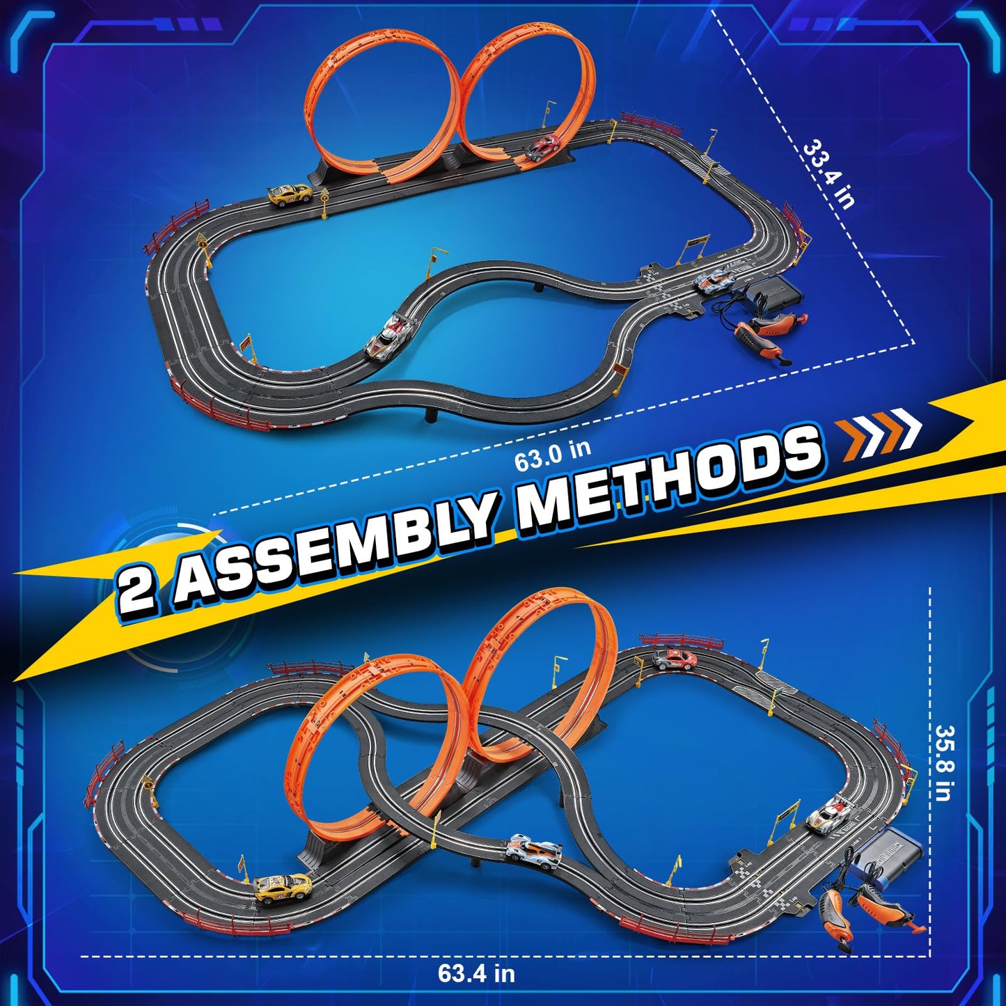 Boy Toys Gifts for 6 7 8-12 Years Old, Slot Car Race Track Sets with 4 Slot Cars, Battery or Electric Car Track for Boys, Dual Racing Game Lap Counter Circular Overpass Track Gifts for Kids