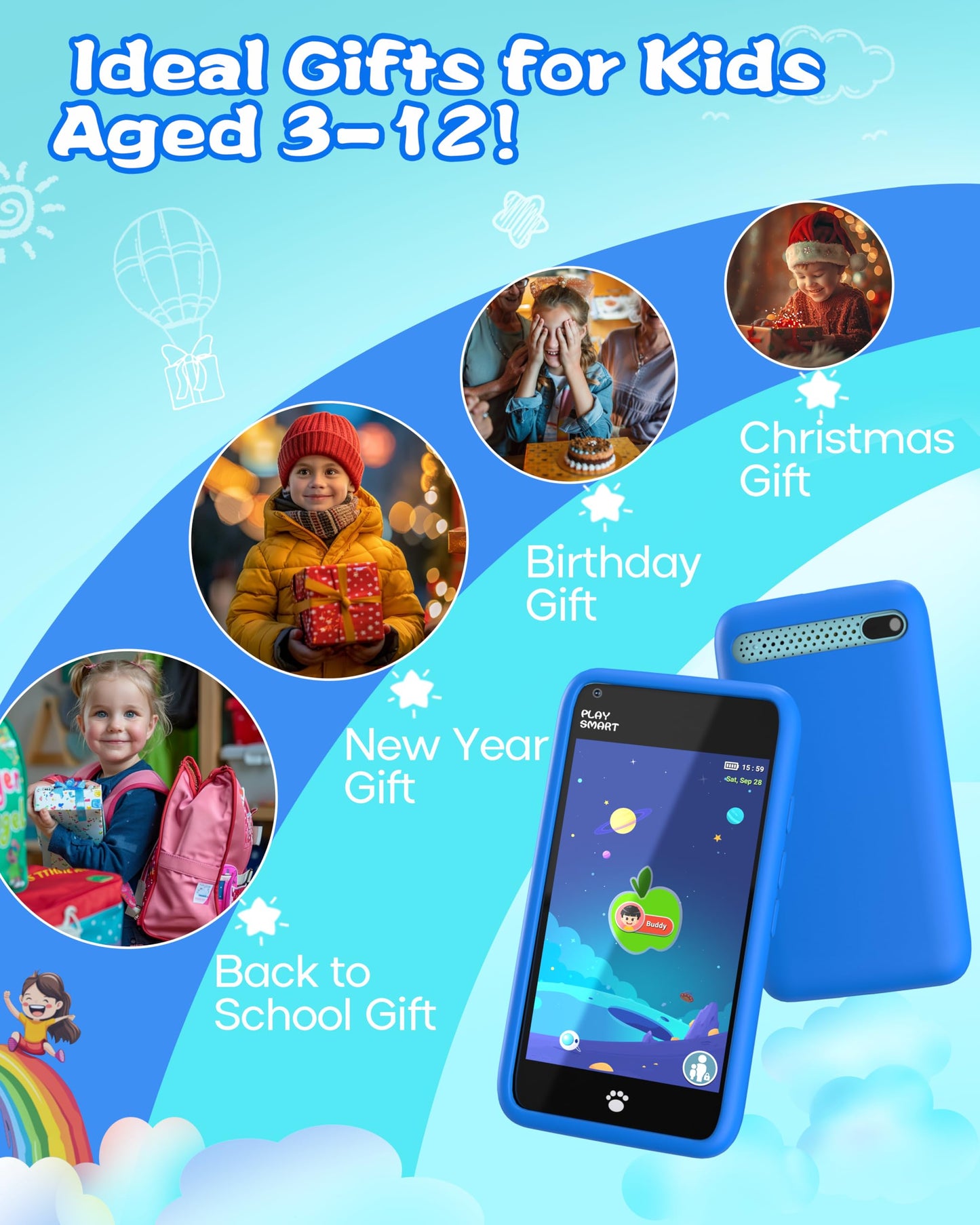 MOMILLA Kids Toys Smart Phone, 3.97" Touchscreen, Birthday Gifts for Kids, 16GB Toddler Learning Cell Phone with Games, Boys Girls Toys for Age 3 4 5 6 7 8 9 Year Old（Front Camera Only