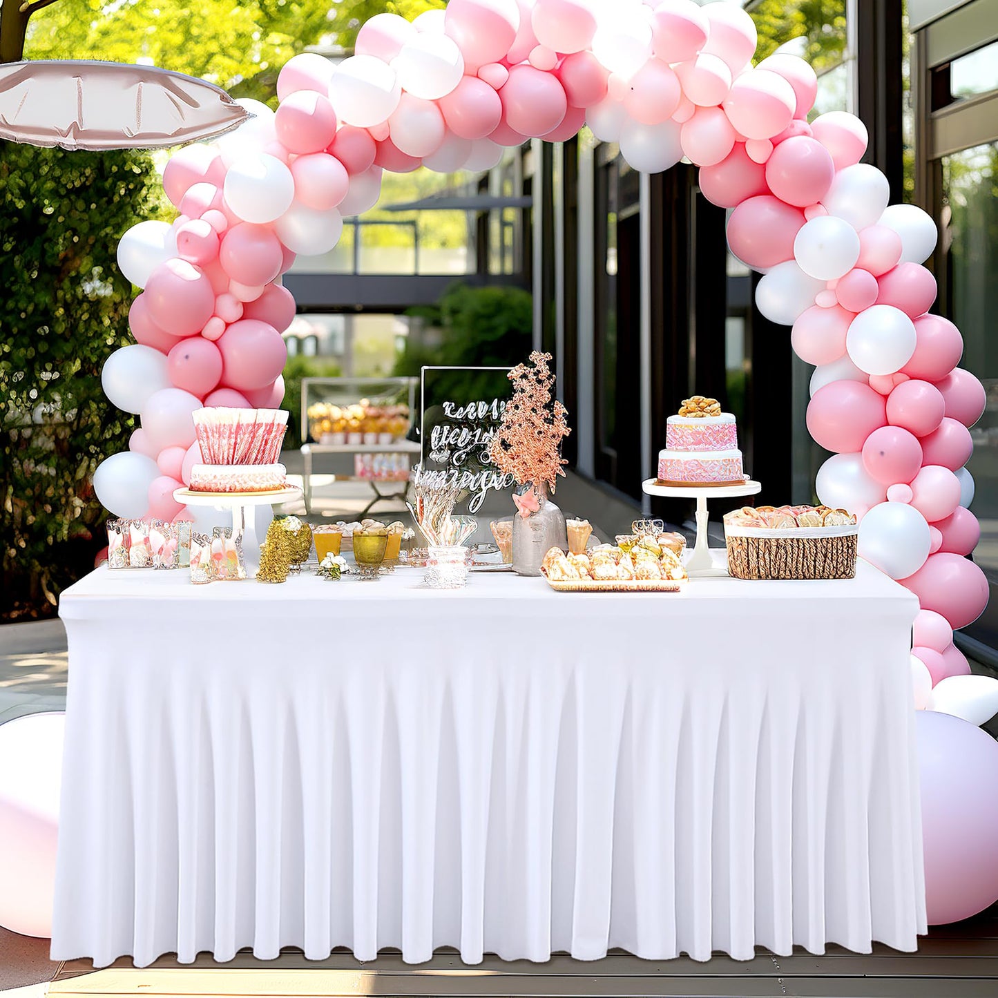 4 Packs White Table Clothes for 6 Foot Rectangle Tables, One-Piece Wrinkle Resistant Stretch Spandex Table Covers with Skirt for Event Banquet Wedding Birthday Party